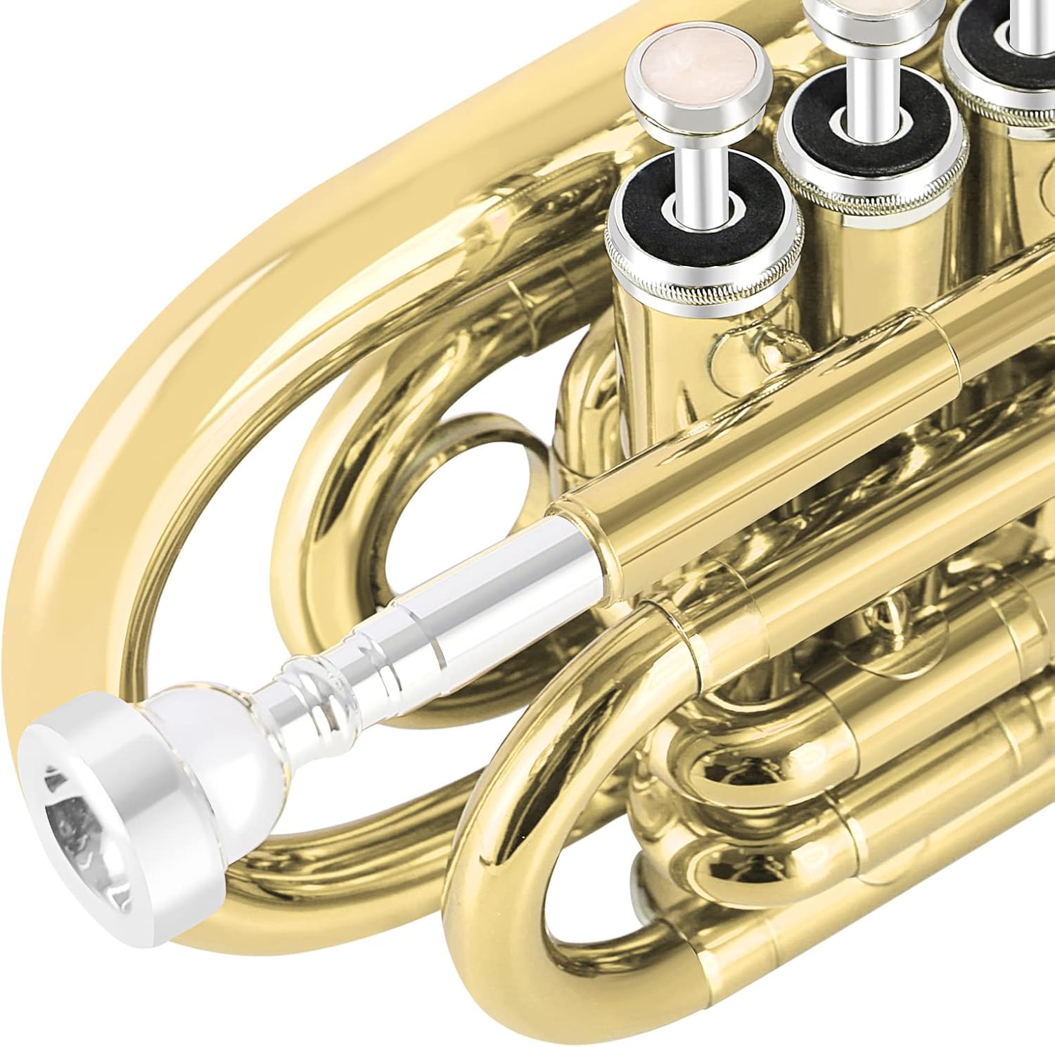 EASTROCK Pocket Trumpet Brass Bb Gold Lacquer Mini Trumpet with 7 C Mouthpiece, Hard Case, Strap, White Gloves, Cleaning Kit for Students and Beginners