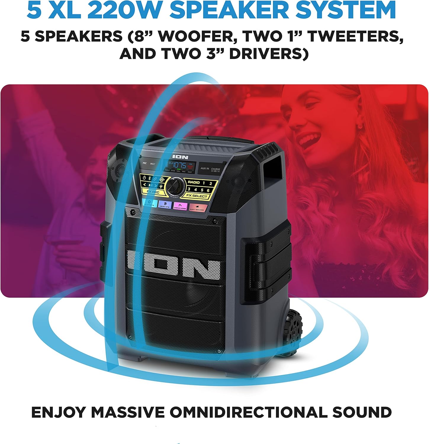 ION Block Rocker XL - Portable Bluetooth Outdoor Party Speaker, 220W, with Karaoke Microphone, Battery, 5 Speakers, Lights, Radio, USB Charging & App