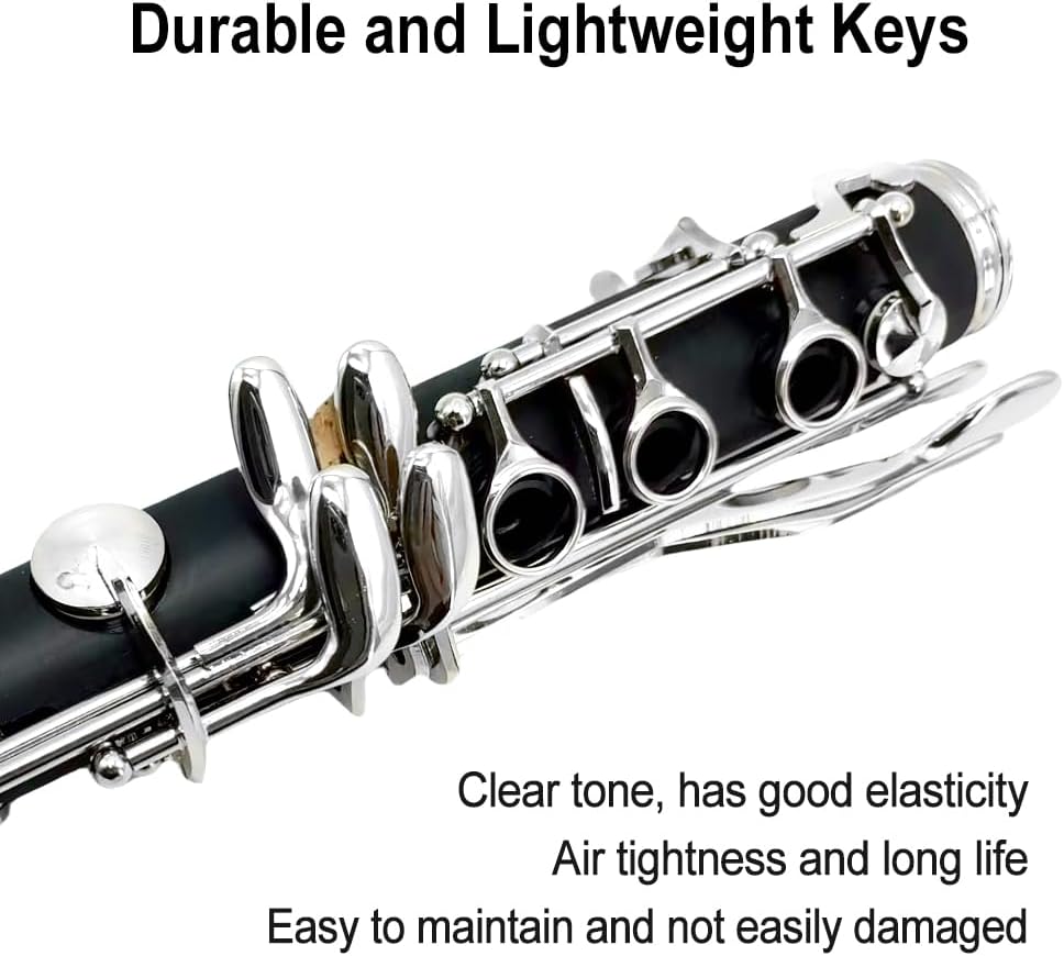 Bb Clarinet for Beginners & Students – Professional B Flat Clarinet 17 Keys with Ebonite Body, Nickel-Plated Keys, 2 Barrels, Cleaning Cloth & Gloves, Carrying Case