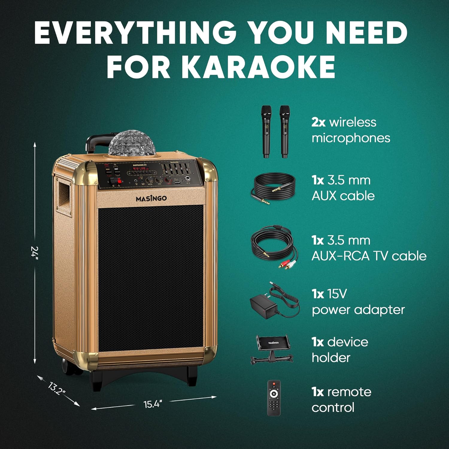 MASINGO Karaoke Machine for Adults and Kids with 2 Bluetooth Wireless Microphones. Portable Singing PA Speaker System with Disco Ball Lights, Lyrics Display Tablet Holder & TV Cable. Soprano X1 2.0