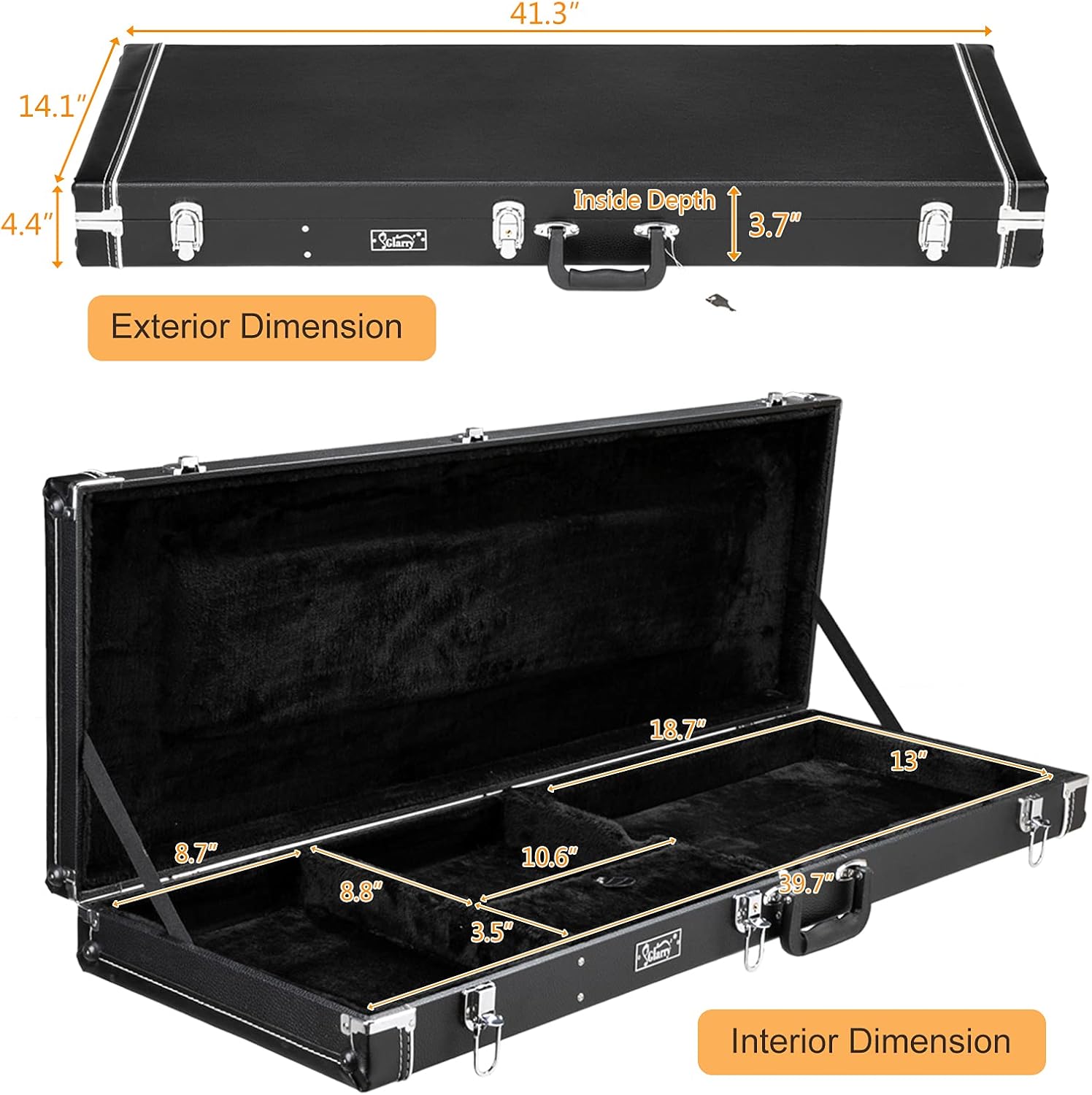 Glarry ST Deluxe Electric Guitar Hard Shell Case Portable Square Guitar Case Microgroove Flat With Extra Neck & Bridge Padding (Black)