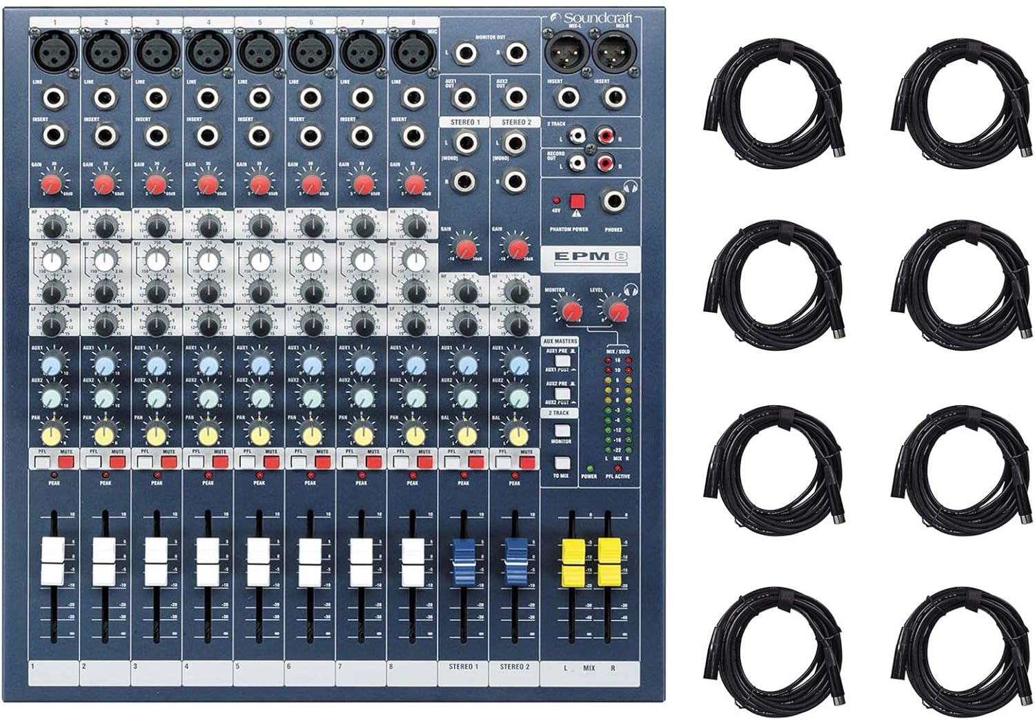 Soundcraft EPM8 8 Monowith2 Stereo Channel 2 Bus Recording/Live Mixer Console EPM 8 Bundle with Rockville RCXFM20E-B 20 Foot Female to Male XLR Mic Cable Black 100% Copper