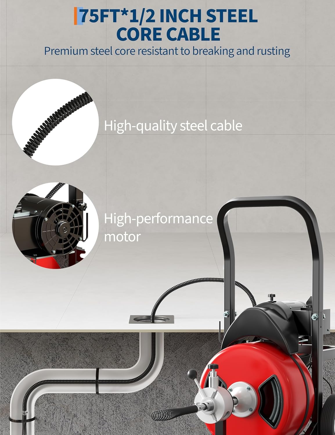 75FT x 1/2 Inch Steel Core Cable Portable 370W Electric Drain Cleaning Machine With Sewer Auger, Cutter, Air-activated Foot Switch, Wheels