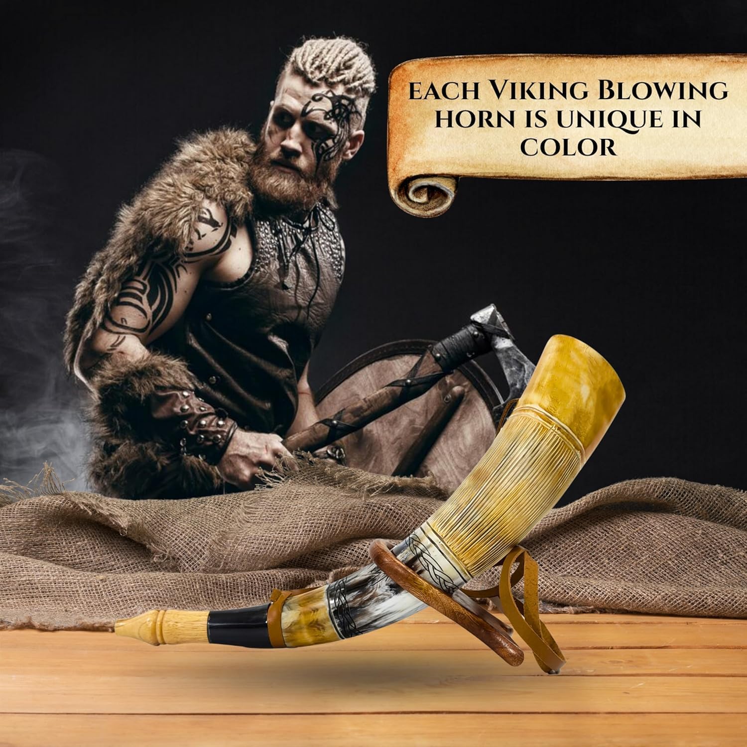 Viking Blow Horn | Genuine Ox Horn Trumpet | Viking Bugle Hunting tool with Wooden Stand | Ideal for Medieval Battle & Norse Gathering Fans | Handcrafted Antique Unique Gift for Men - 16