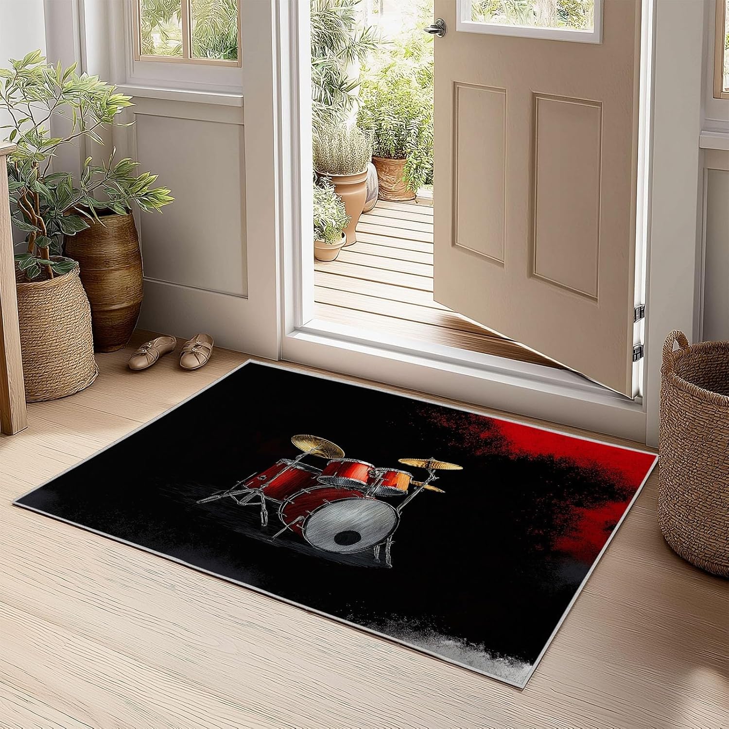 4x6 ft Area Rug for Bedroom, Washable Rugs for Living Room, Musical Instruments Drum Kit Notes Indoor Faux Wool Kids Rug Black Throw Carpets Soft Low Pile Mat for Bedside Entryway