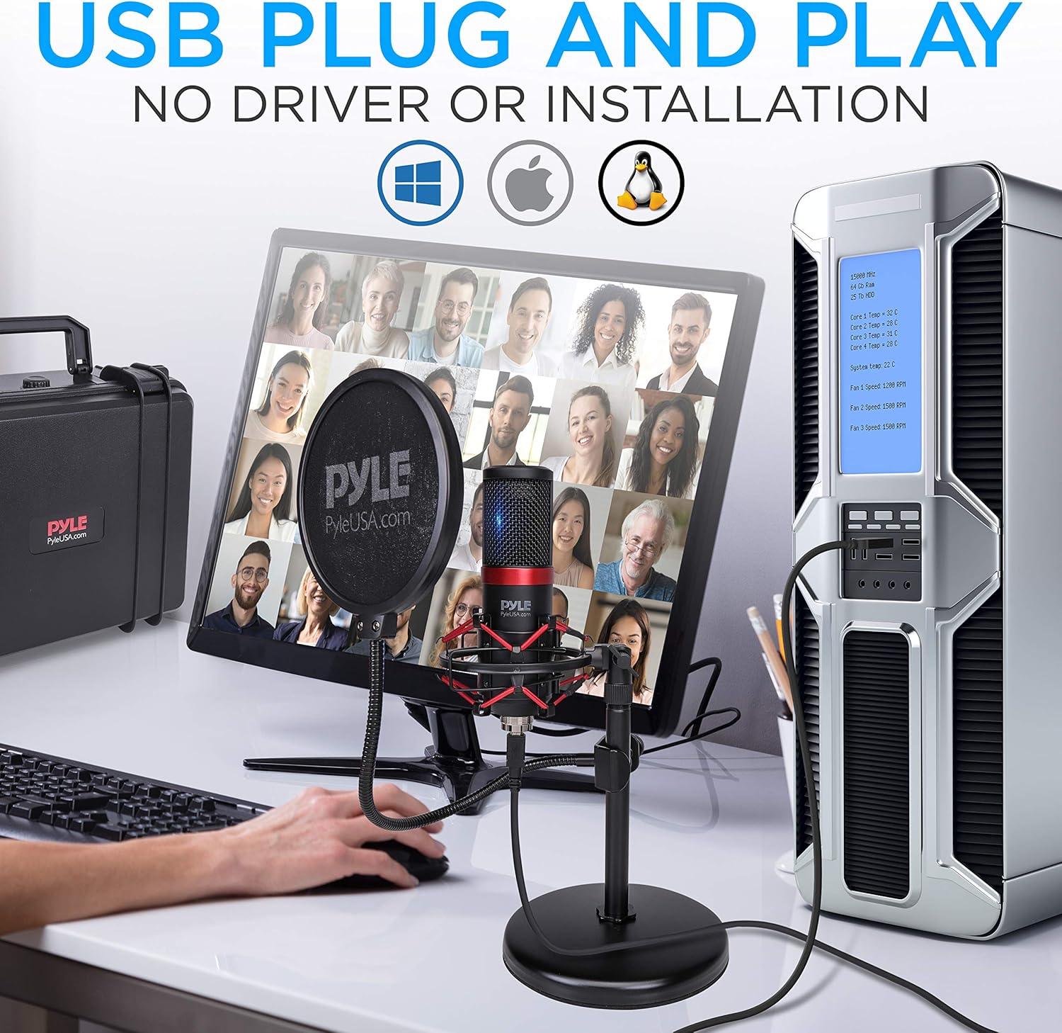 Pyle USB Microphone Podcast Recording Kit - Audio Cardioid Condenser Mic w/Shock Mount Stand & Pop Filter, for Gaming PS4, Streaming, Podcasting, Studio, YouTube, Works w/Windows PC Mac PDMIKT200