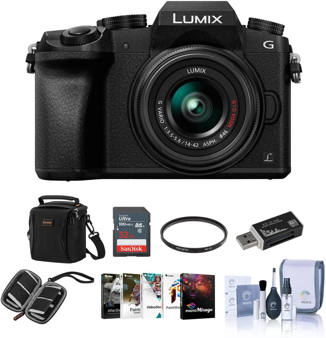 Panasonic Lumix DMC-G7 Mirrorless Micro Four Thirds Camera with 14-42mm Lens, Black - Bundle with Camera Case, 32GB SDHC Card, Cleaning Kit, Memory Wallet, Card Reader, 46mm UV Filter, Software Pack