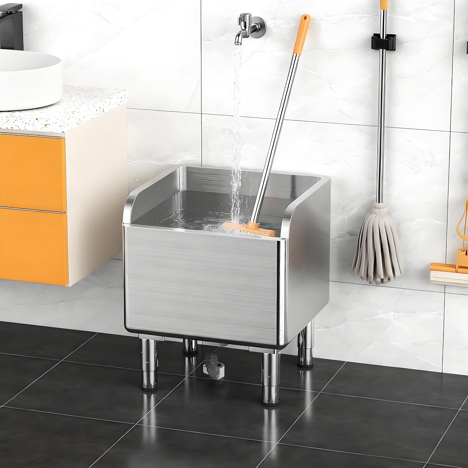 Commercial Floor Mop Basin | Stainless Steel Mop Sink | Standing Industrial Slop Sinks | Freestanding Sink with Hoses and Drain Kit for Kitchens Bathrooms | 17.72 * 16.14 * 21.65in