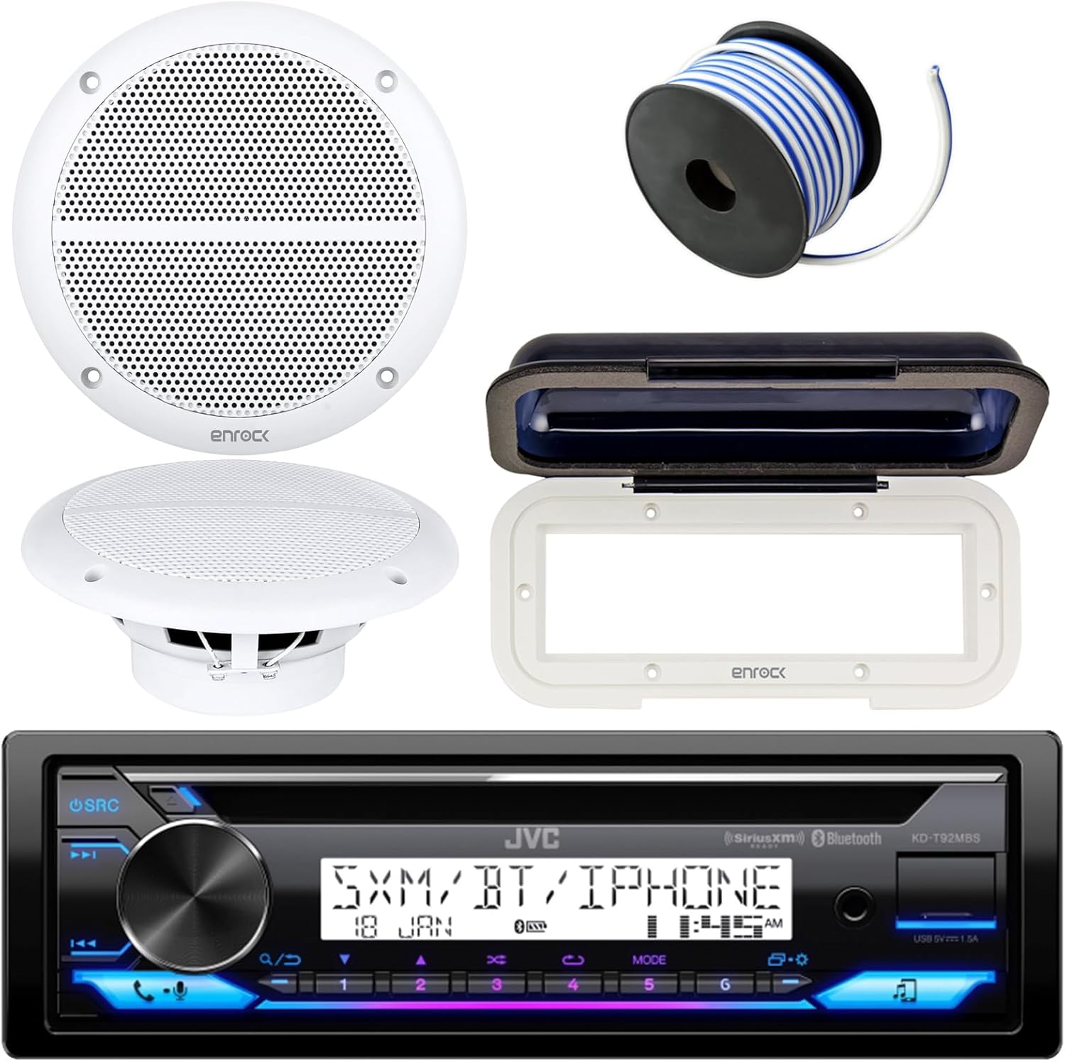 JVC In-Dash Marine Boat Bluetooth Radio USB CD Receiver Bundle, Cover with pair Enrock 6.5