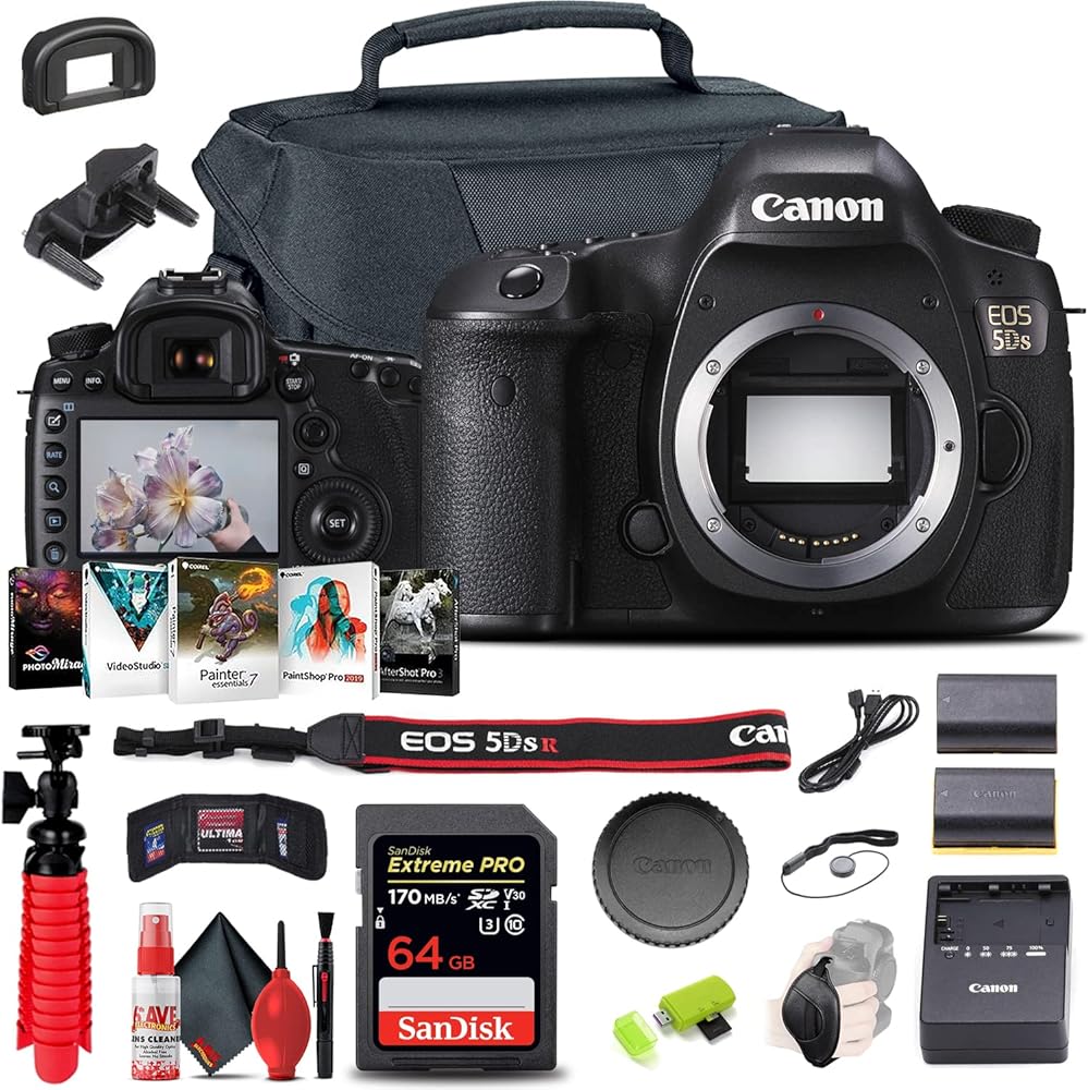 Canon EOS 5DS DSLR Camera (Body Only) (0581C002) + 64GB Memory Card + Case + Corel Photo Software + LPE6 Battery + Card Reader + Flex Tripod + Hand Strap + Cap Keeper + Cleaning Kit (Renewed)
