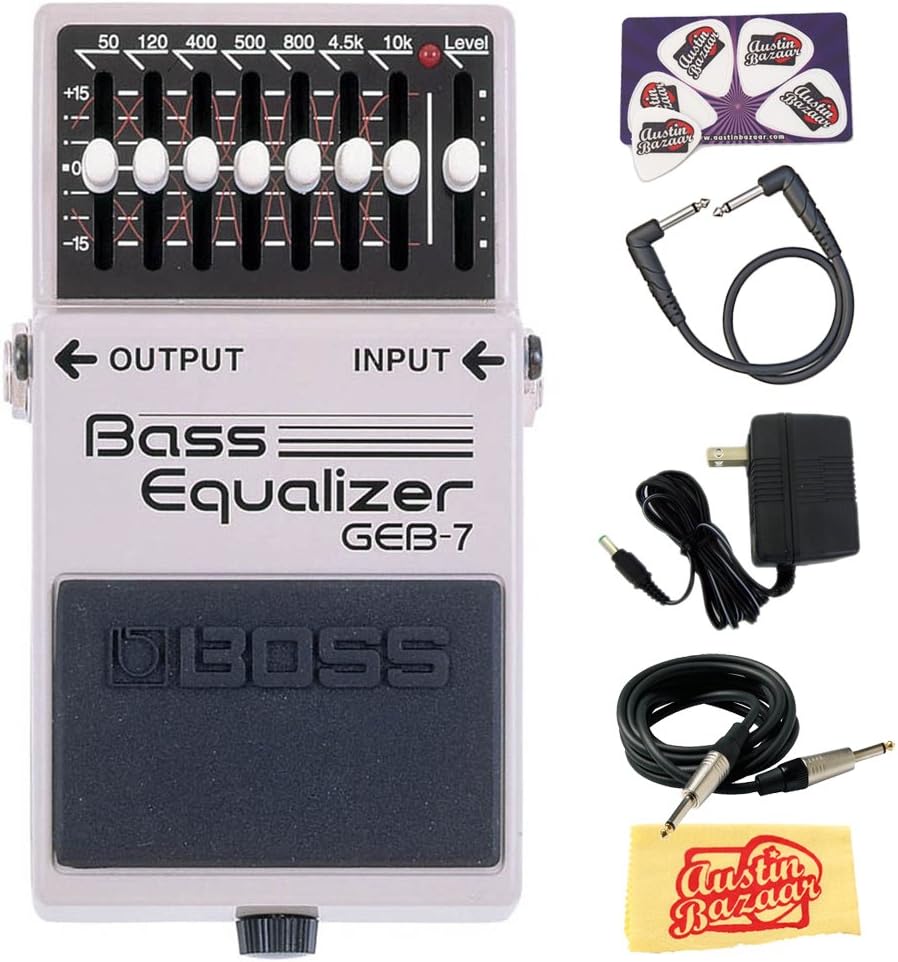 Boss GEB-7 Bass Equalizer Bundle with Gearlux Power Supply, Instrument Cable, Patch Cable, Picks, and Austin Bazaar Polishing Cloth
