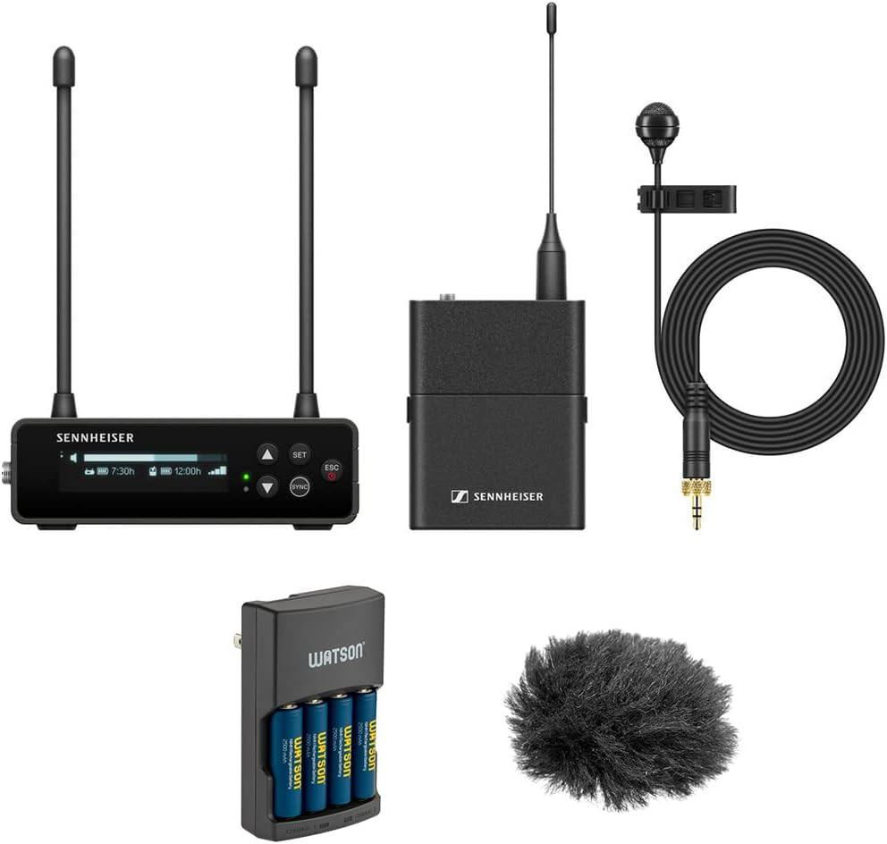 Sennheiser EW-DP ME 4 Set Camera-Mount Digital Wireless Cardioid Lavalier Mic System (R4-9: 552 to 607 MHz) Bundle with Auray WLW Fuzzy Windbuster and Watson Rapid Charger with 4 AA Batteries