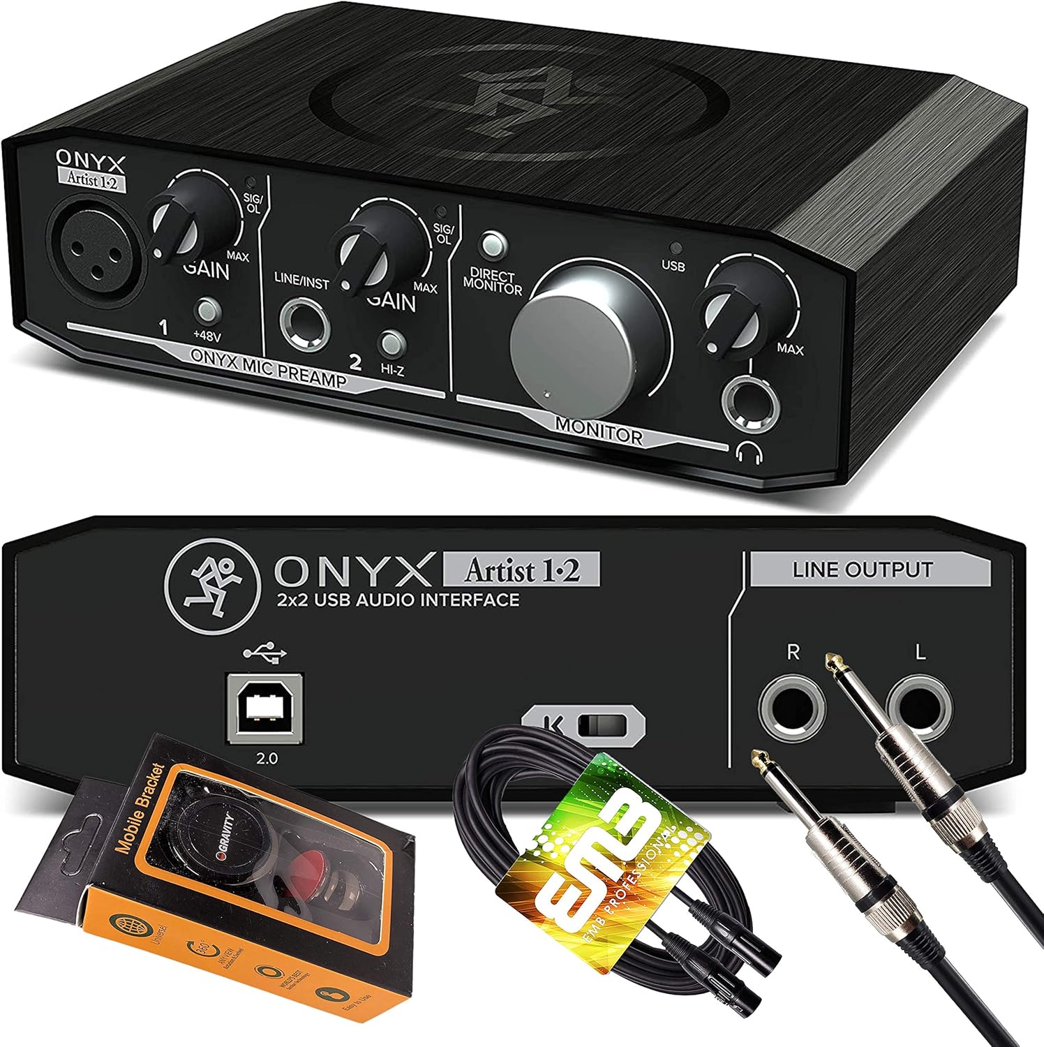 Mackie Onyx Artist 1-2 USB Audio Interface 2-in/2-out USB 2.0, 24-bit/192kHz, with 1 Onyx Mic Preamp and Zero-Latency Monitoring with Gravity Phone Holder and XLR, 1/4in Cable PK2 Bundle