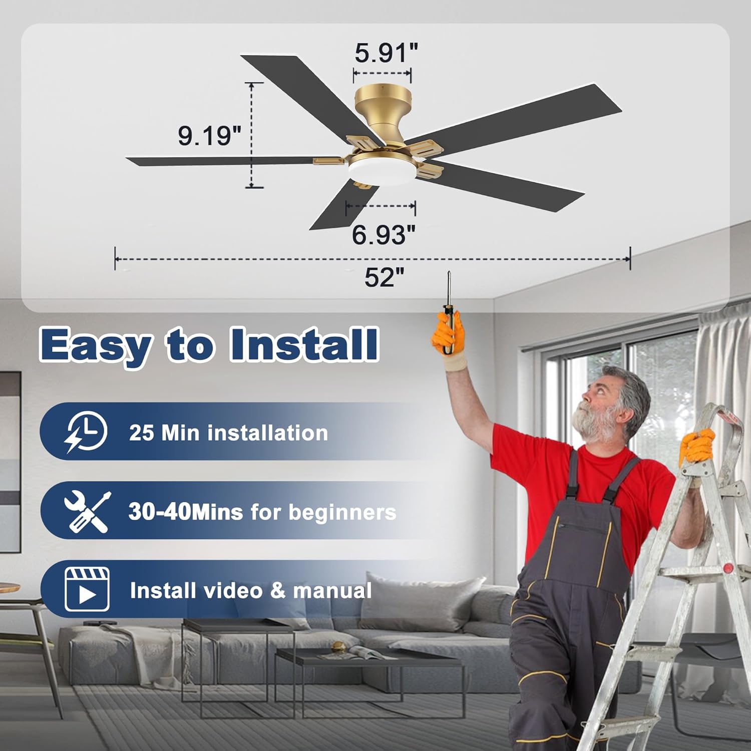 cumilo 52 inch Smart Ceiling Fan with Lights Remote,Quite DC Motor,WIFI Control via Alexa Voice,APP.Dimmable LED,Flush Mount Outdoor Indoor Ceiling Fans for Bedroom Patio Porch,Gold and White Black