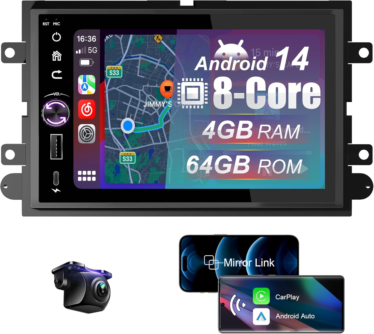 8 Core 4+64G Car Radio Stereo for Ford F150 2004-2008, F250 F350 2006-2014 with Wireless Carplay Android Auto 7 Inch HD Touchscreen Android 14 Car Radio Stereo with Backup Camera AM/FM/RDS GPS SWC