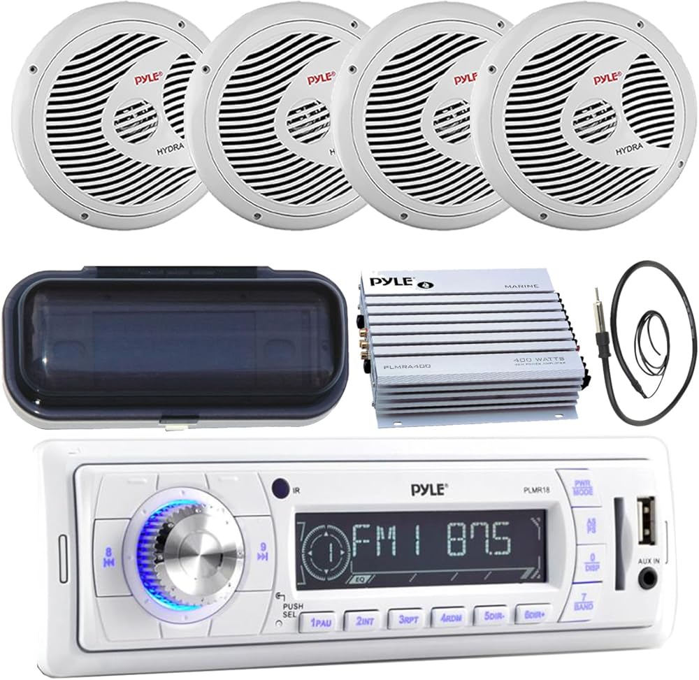 PLMR18 200-Watt Marine AM FM SD USB Aux Remote Radio Receiver, and 4 x PLMR60W 150 Watts 6.5'' Dual Cone Speakers (White), Radio Shield, Enrock Antenna,4-Channel Waterproof Amplifier