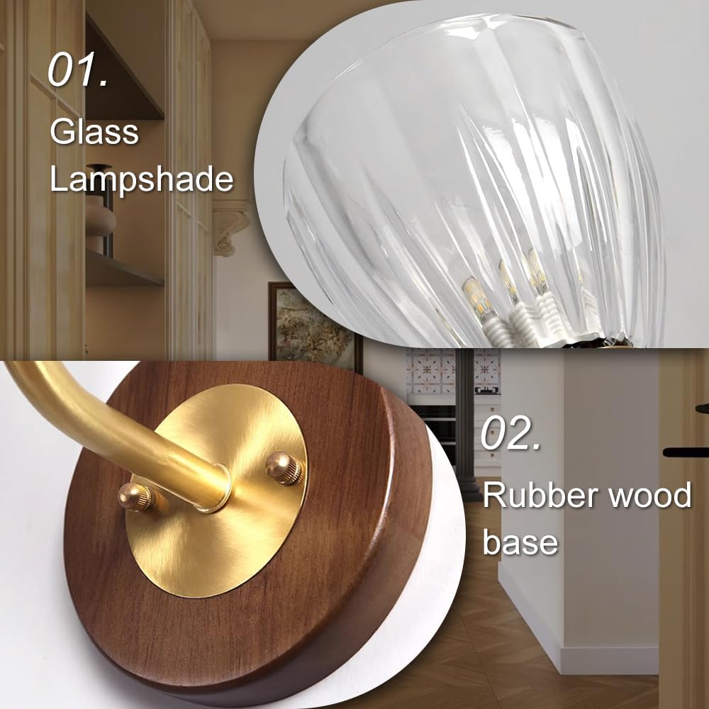 Vintage Wood Indoor Wall Sconce, Modern Gold Wall Light Fixture with Clear Glass Shade, Antler Decor Wall Mount Light for Living Room Bedside Bedroom Hallway Home Decor