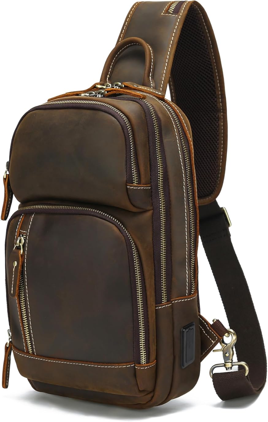LANNSYNE Full Grain Leather Sling Bag For Men Crossbody Chest Daypack fits 10.5