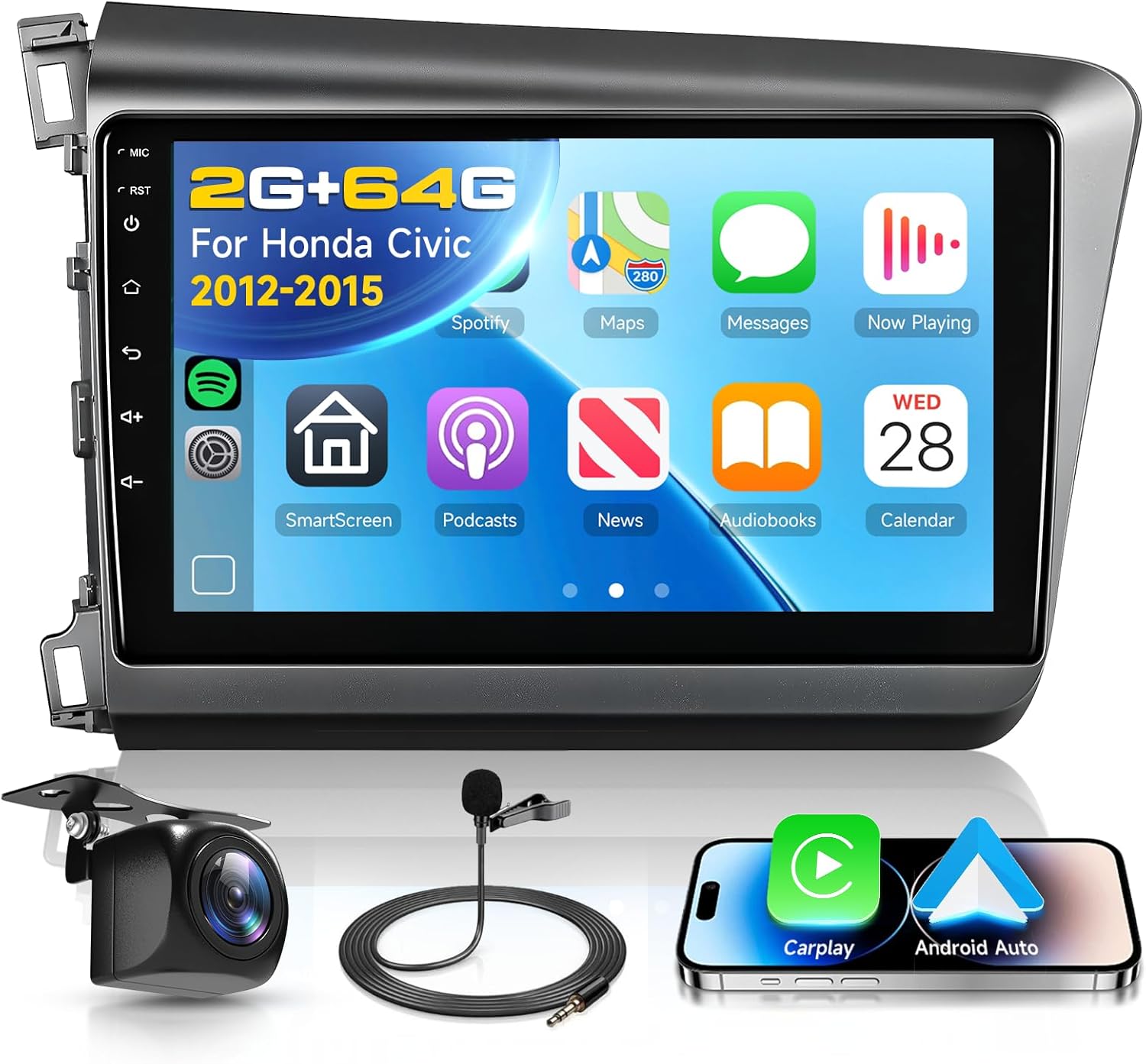 2G+64G Car Radio Stereo for Honda Civic 2012-2015 with Wireless CarPlay/Android Auto, 9 Inch HD Touch Screen Android 13 Head Unit GPS WiFi Bluetooth FM/RDS EQ HD Backup Camera