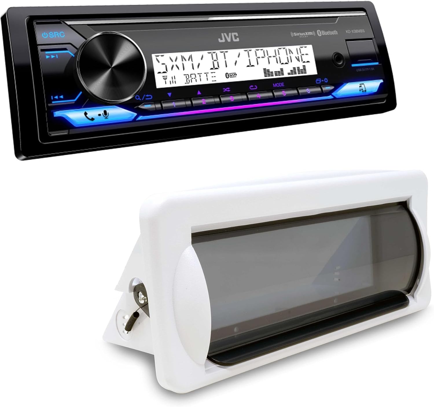 JVC KD-X38MBS Marine Digital Media Receiver with Bluetooth, USB, SiriusXM Ready, Conformal Coated PCB with Creative Audio CAMC1W Marine Single DIN Radio Mounting Kit with Retractable Cover (White)