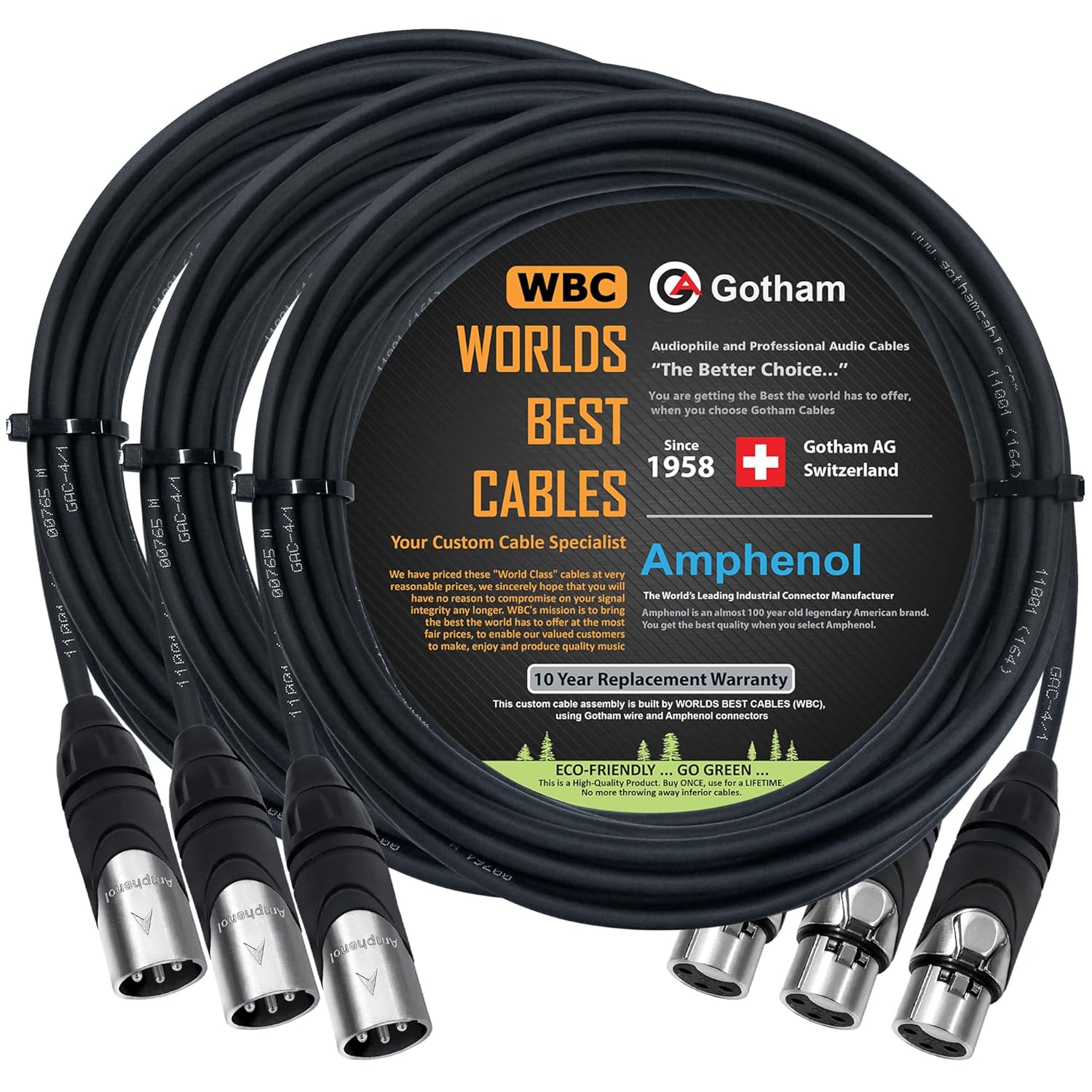 WORLDS BEST CABLES 3 Units - 25 Foot - Gotham GAC-4/1 (Black) - Star Quad, Dual Shielded Balanced Male to Female Microphone Cables with Amphenol AX3M & AX3F Silver XLR Connectors - Custom Made