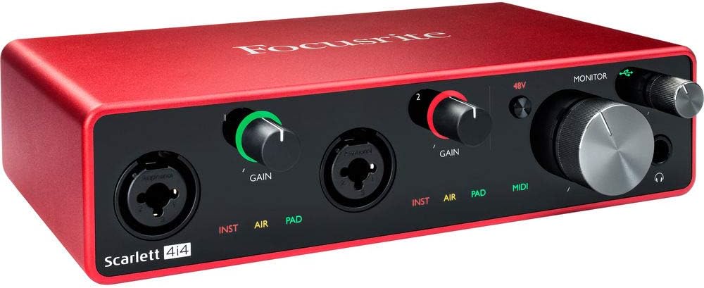 Focusrite Scarlett 4i4 USB Audio/MIDI Interface (3rd Gen) Bundle with Studio Monitor Headphone & 4x XLR-XLR Cable