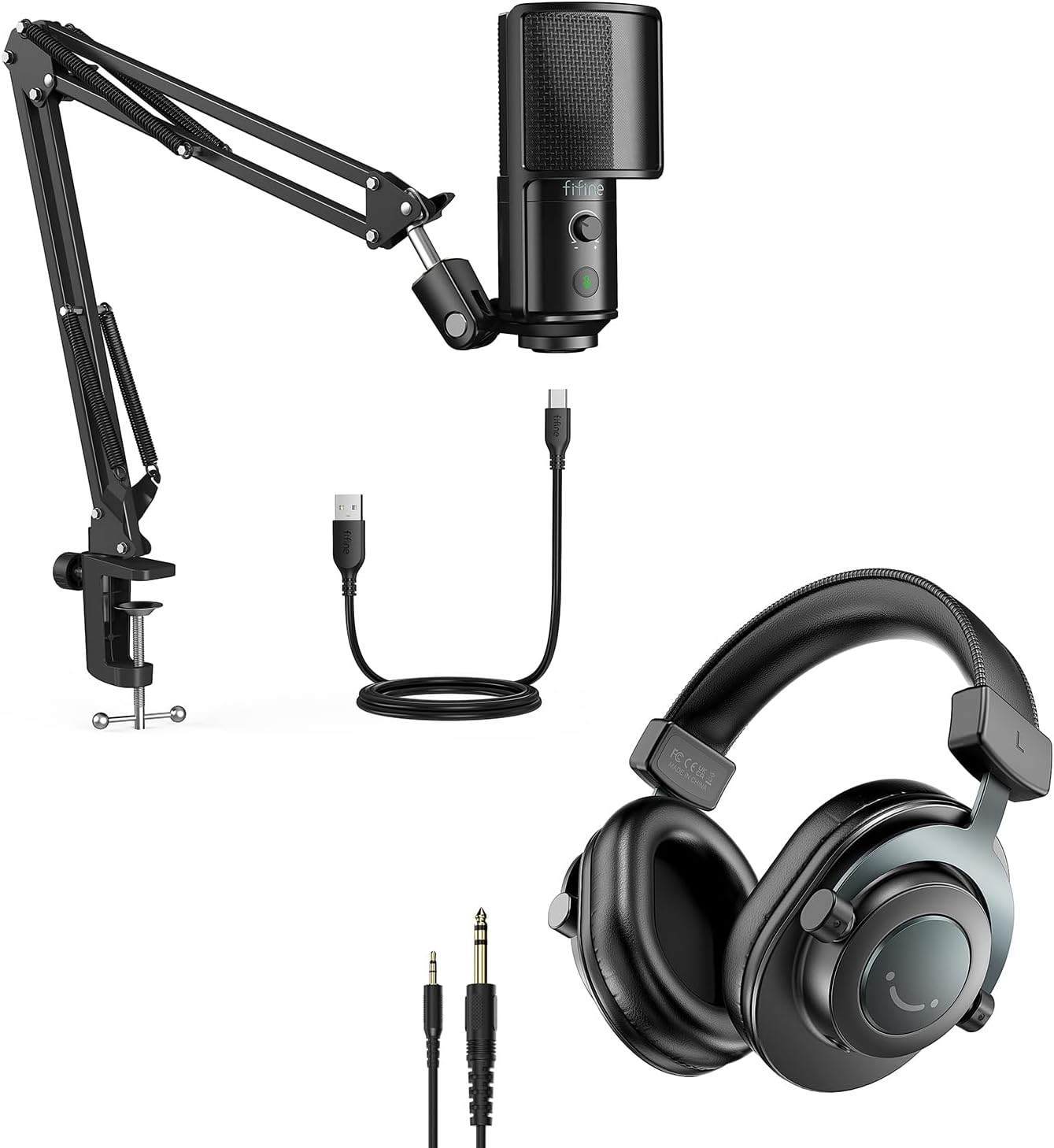 FIFINE Recording Mic Arm Kit and Streaming Headphones Bundle, Condenser Microphone Boom Arm with Mute Button, Gain Knob, Over Ear Wired Headphones with Detachable Cables for Podcast(T669PRO1+H8)