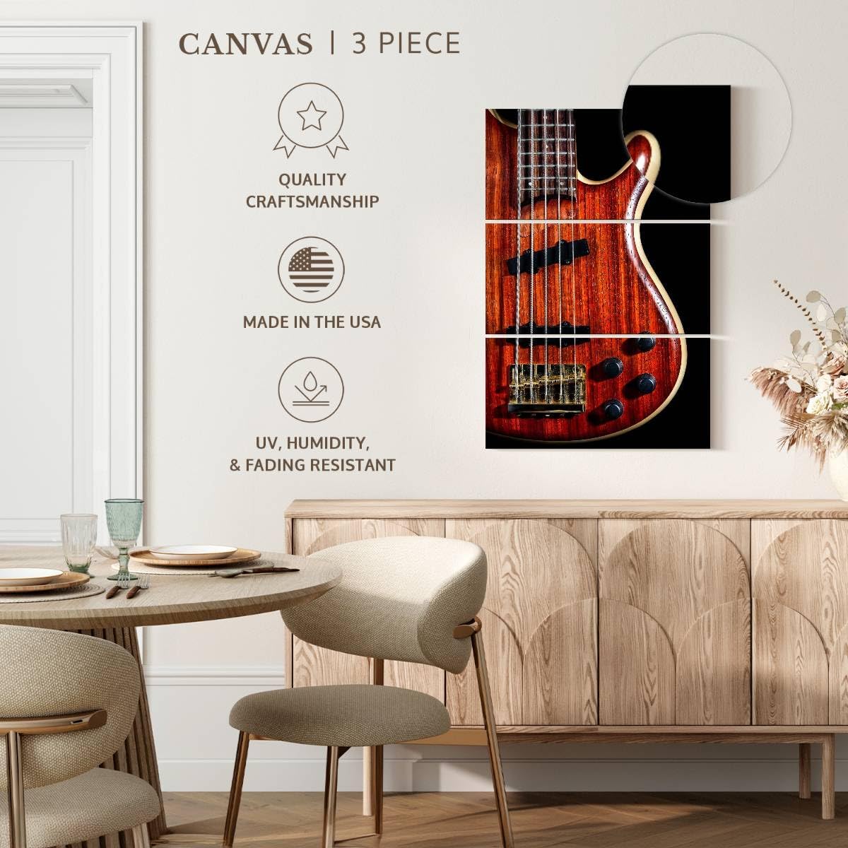 ElephantStock - Wooden Bass Guitar Wall Art - Vertical Multi Panel Canvas - 3 Piece Living Room Wall Decor - Photography Music Multi Piece Wall Art - Red And Black Decor - 48