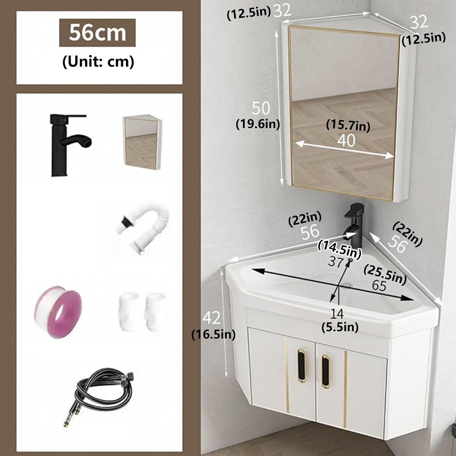 Corner Wall Mount Bathroom Sink, Corner Bathroom Sink, Bathroom Sink with Storage Container, White Ceramic Sink for Small Space, Single-Apartment(56cm/22in)