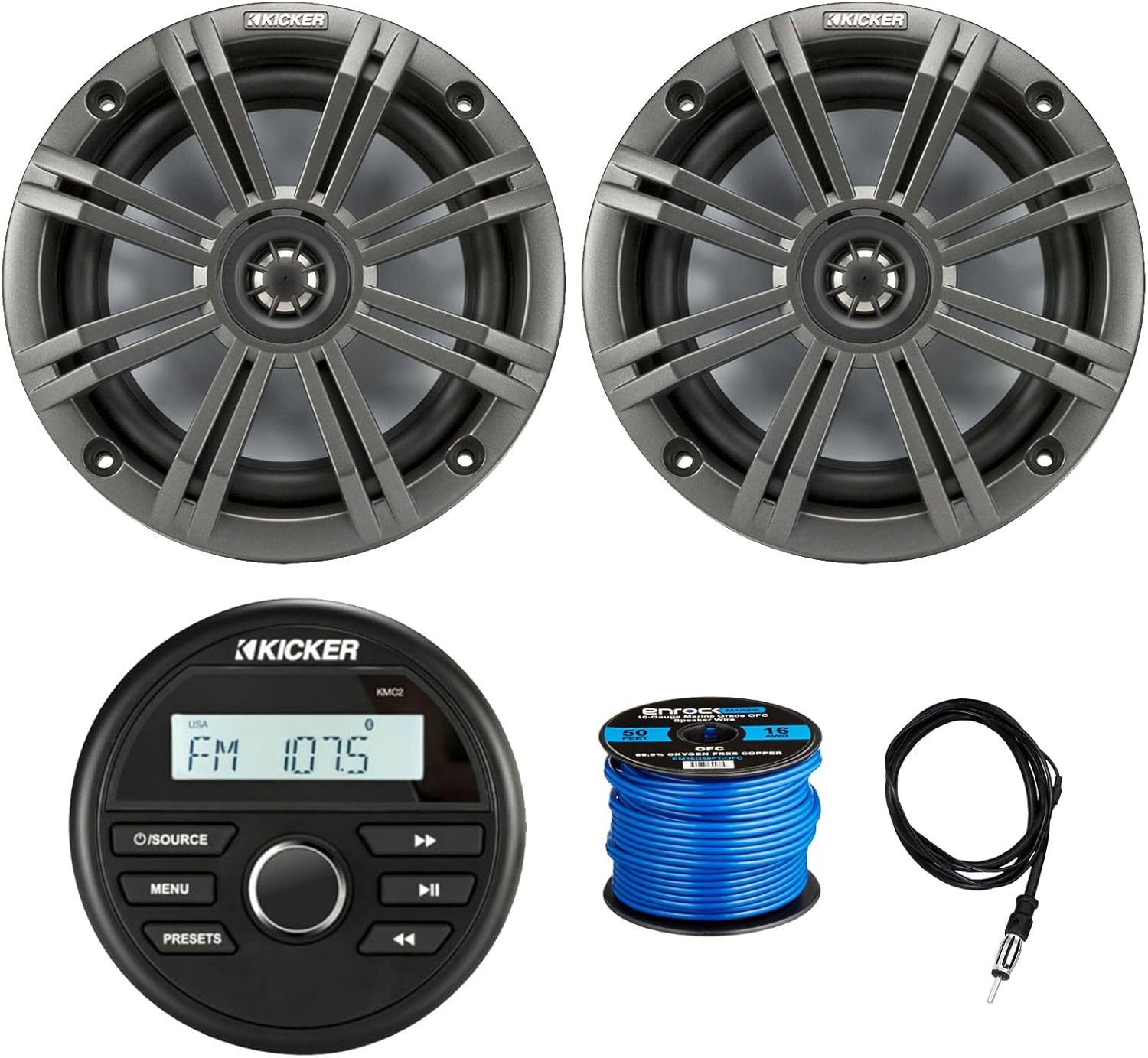 Kicker Weather-Resistant Marine Gauge Style Bluetooth USB Receiver Bundle Combo with 1 Pair (Qty 2) 6.5