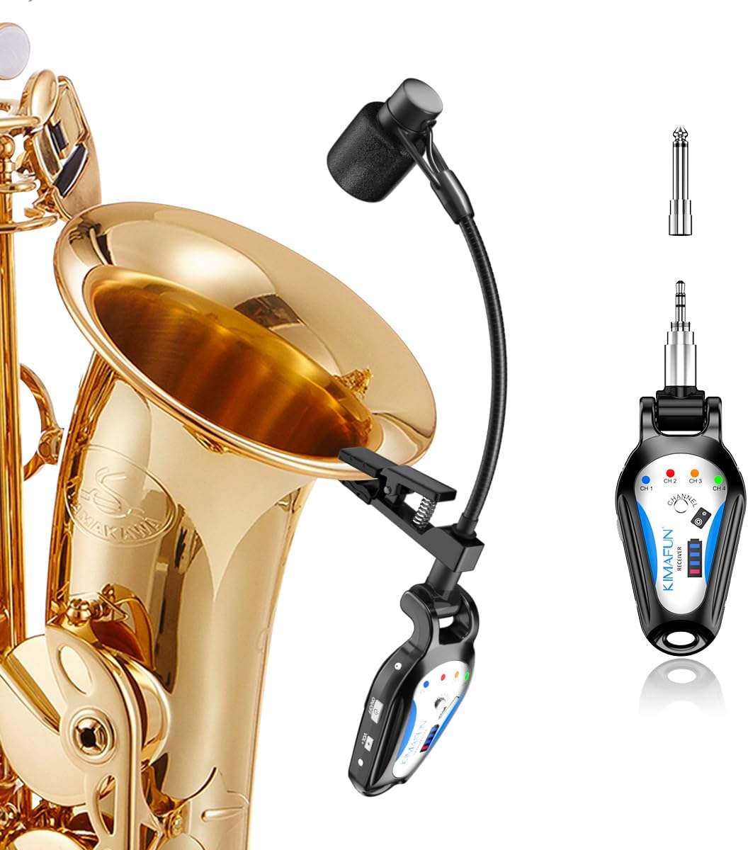 KIMAFUN 2.4G Wireless Saxophone Microphone, Clip-on Instrument Microphone, 100ft Range, Plug and Play, Wireless Transmitter & Receiver for Saxophone, French Horn, Trumpet, Trombone, G120