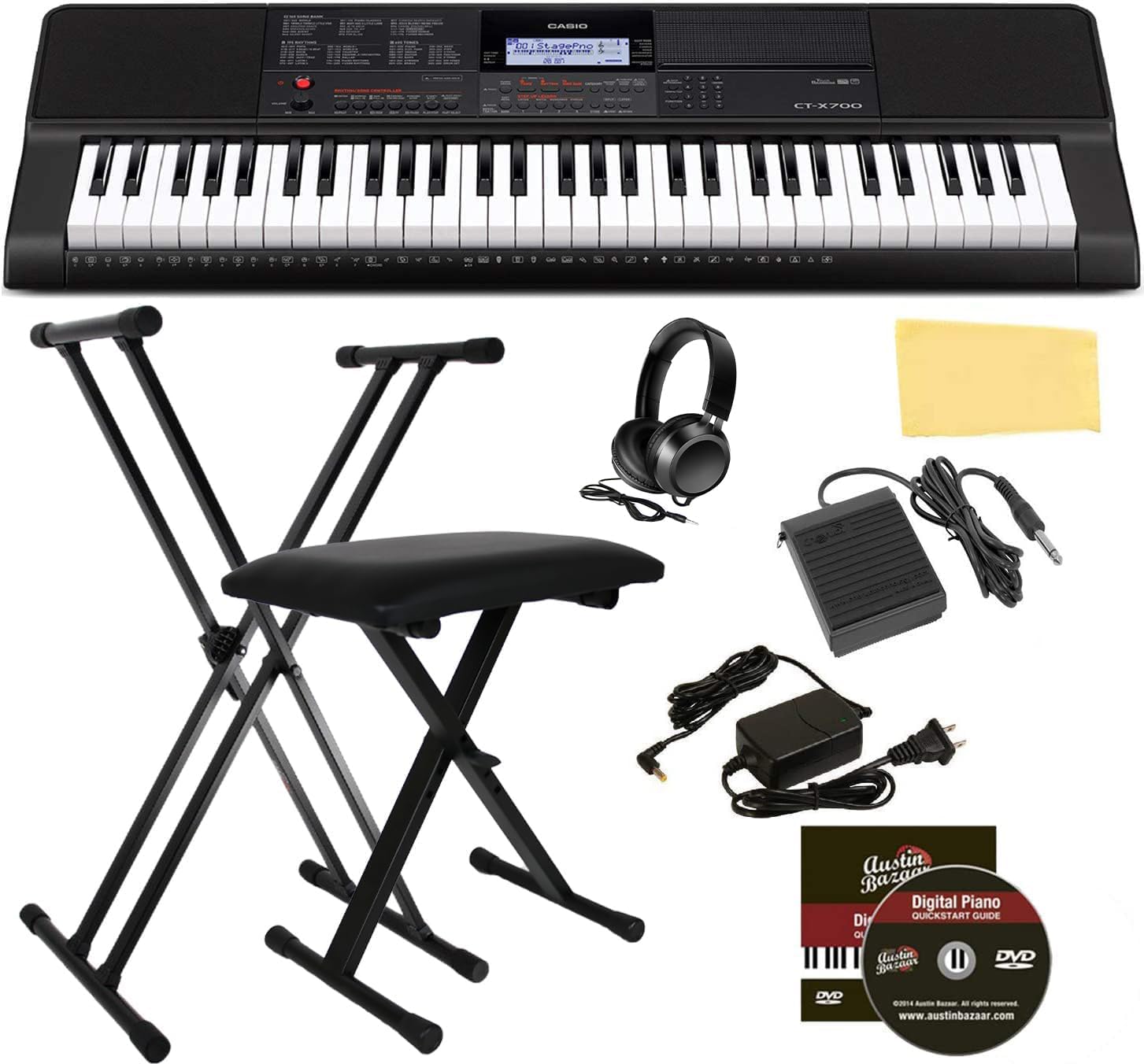 Casio CT-X700 Portable Keyboard Bundle with Adjustable Stand, Bench, Headphones, Sustain Pedal, Power Supply, Instructional DVD, and Austin Bazaar Polishing Cloth