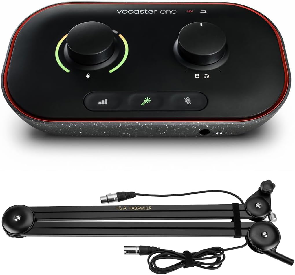 Focusrite Vocaster One Podcast Interface for Solo Content Creators, Bundle with H&A Broadcast Arm