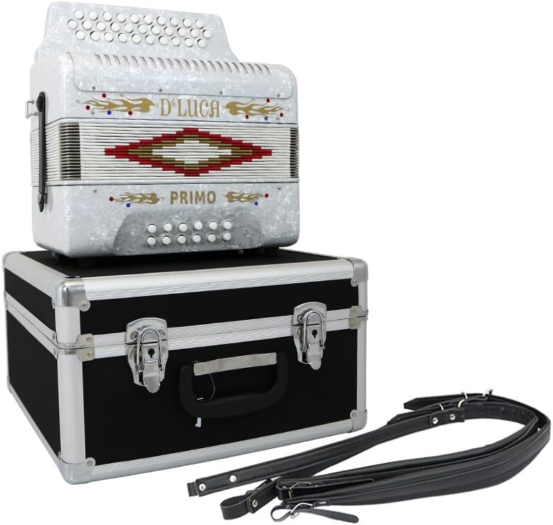 D'Luca D3112-GCF-WH Primo Button Accordion 31 Keys 12 Bass on GCF Key with Case and Straps, White