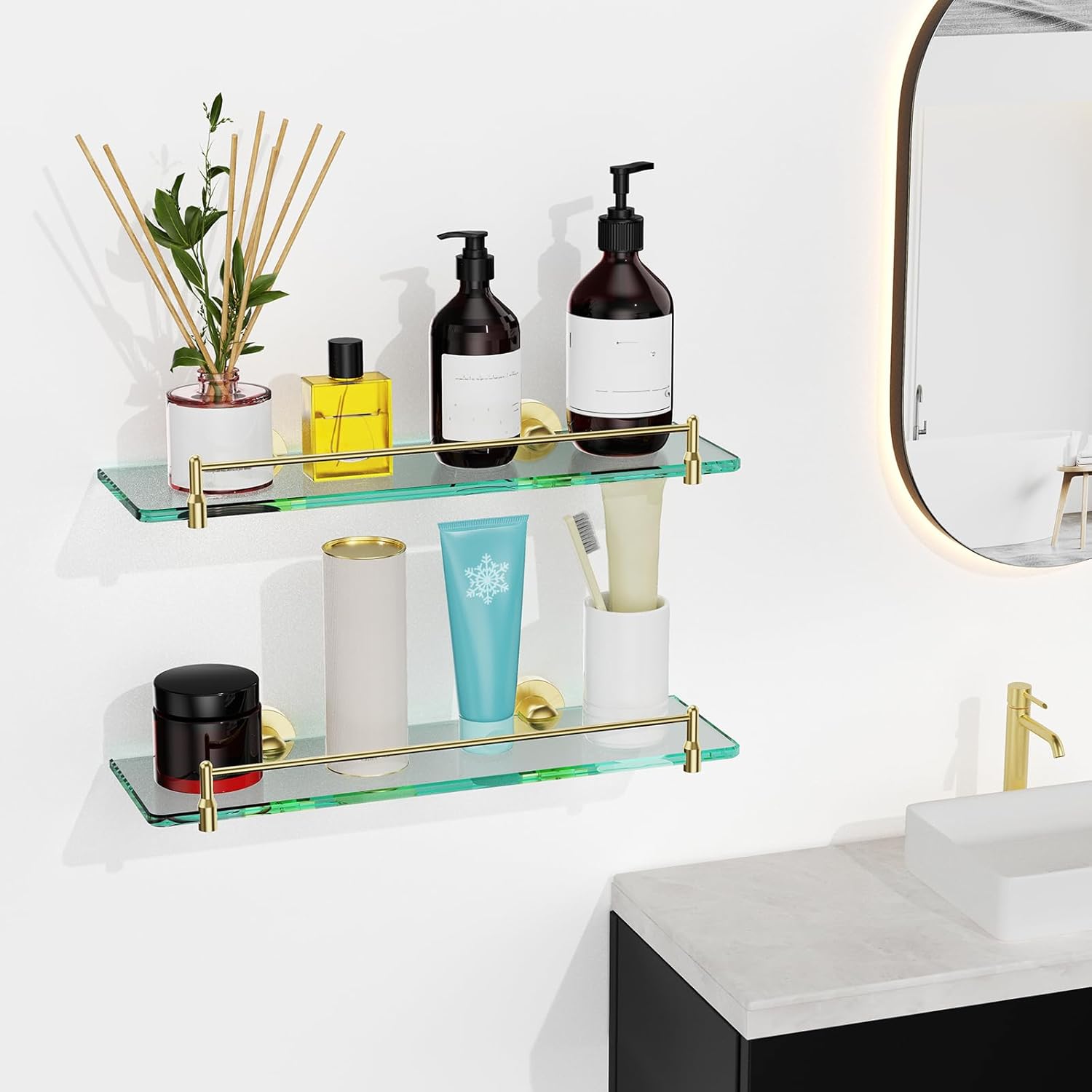 Glass Shelf for Bathroom 2 Pack,16-Inches Floating Glass Shelves Towel Bar/Track(Brushed Gold)