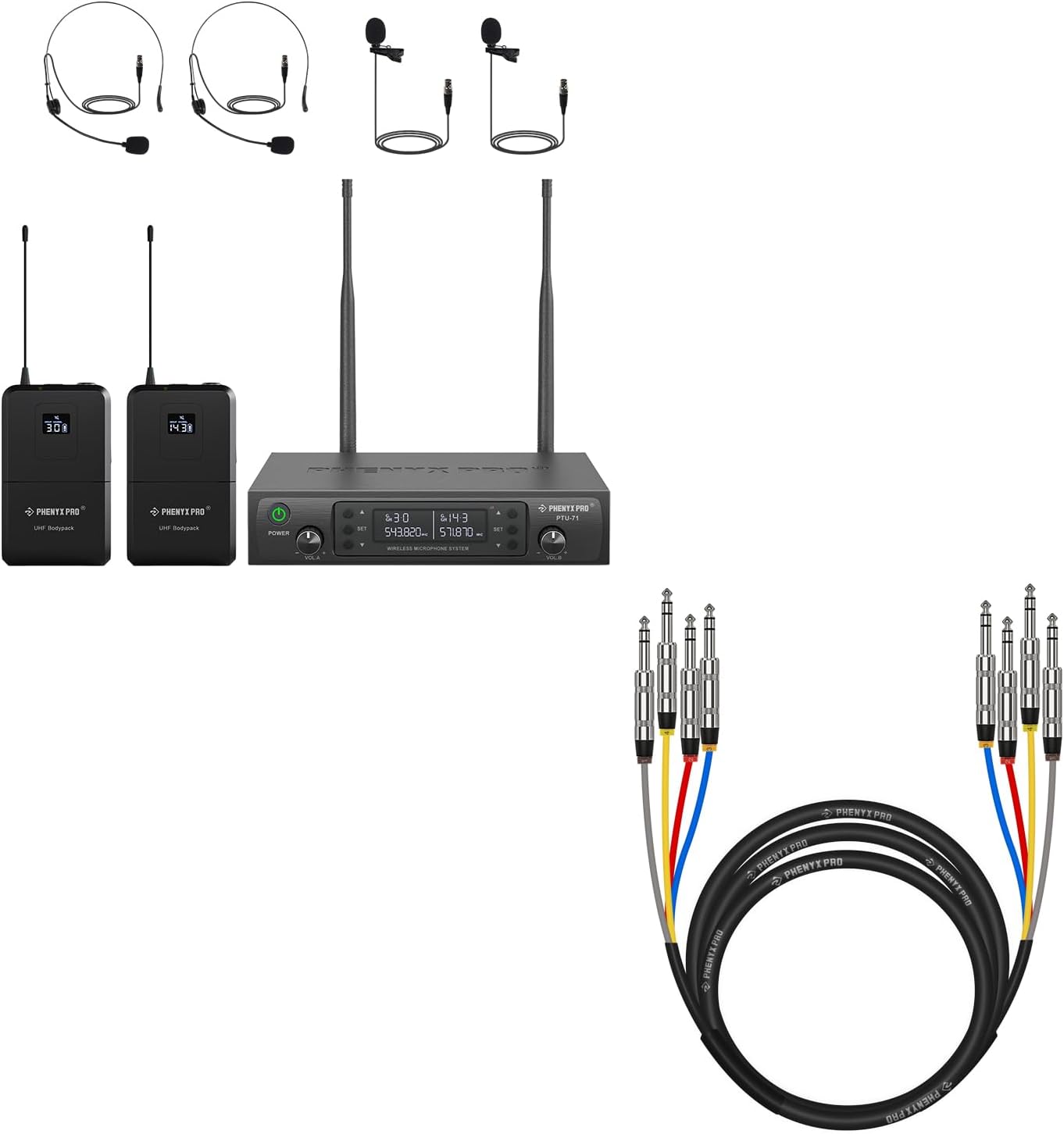 Phenyx Pro Dual UHF Wireless Microphone System PTU-71-2B Bundle with 4-Channel TRS Snake Cable PCBL-QR4IN1-10