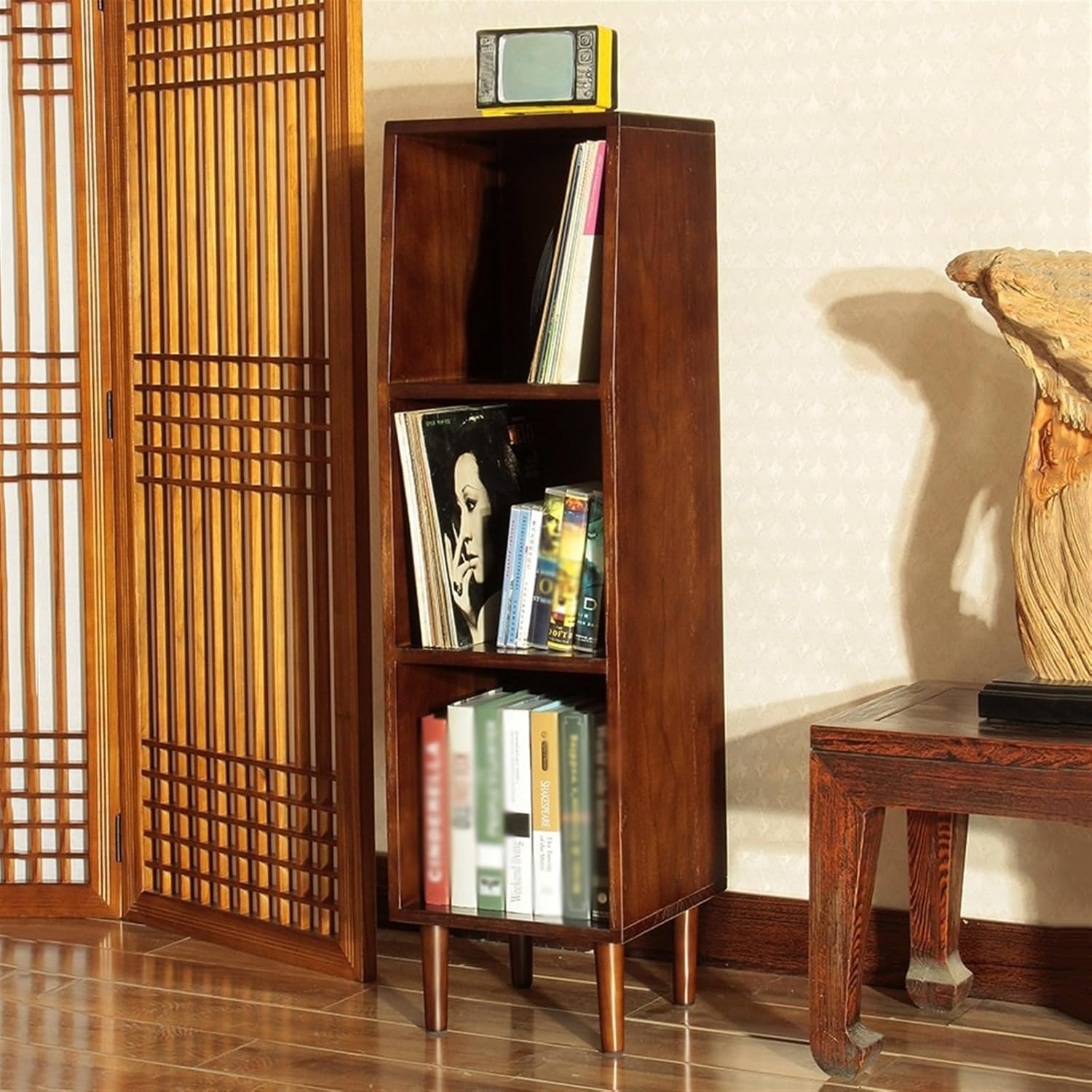 Record Storage Shelf 3-Tier Vinyl Record Album Storage, Solid Wood Floor Standing Book Case CD Storage Cabinet with Legs, for Living Room, Bedroom, Office Record Shelf