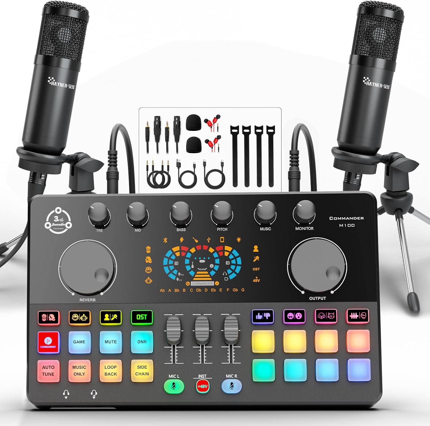 Podcast Equipment Bundle for 2, Audio Interface DJ Mixer with 3.5mm Condenser Microphone for PC, Smartphone, Voice change,RGB for Recording, Streaming, Podcasting, Gaming, COMMANDER M100 3rd