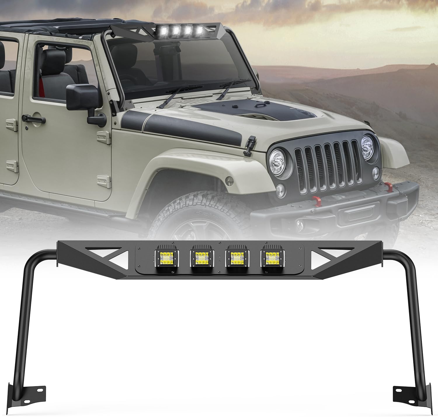 Nilight Front Windshield Frame Cover Roof Sun Visor Cowl Body Armor with 4 x LED Lights Compatible with 2007-2018 Jeep Wrangler JK JKU Unlimited, Windscreen Rack Protector Stand