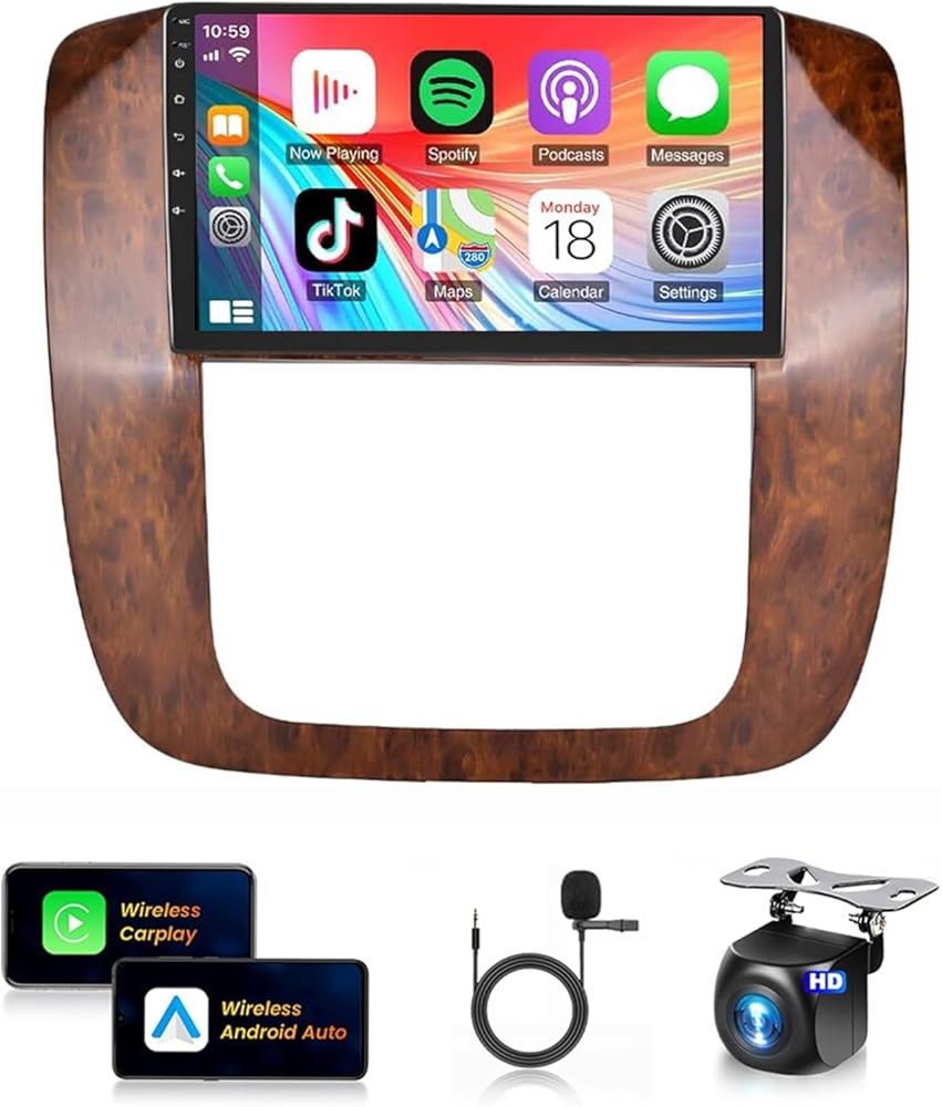 Car Radio for GMC Yukon Chevy Tahoe Suburban 2006 2007 2008 2009 2010 2011 2012 2013 2014, 9 inch Touch Screen Car Radio with Wireless Carplay Android Auto,with GPS Bluetooth SWC-2G+32G