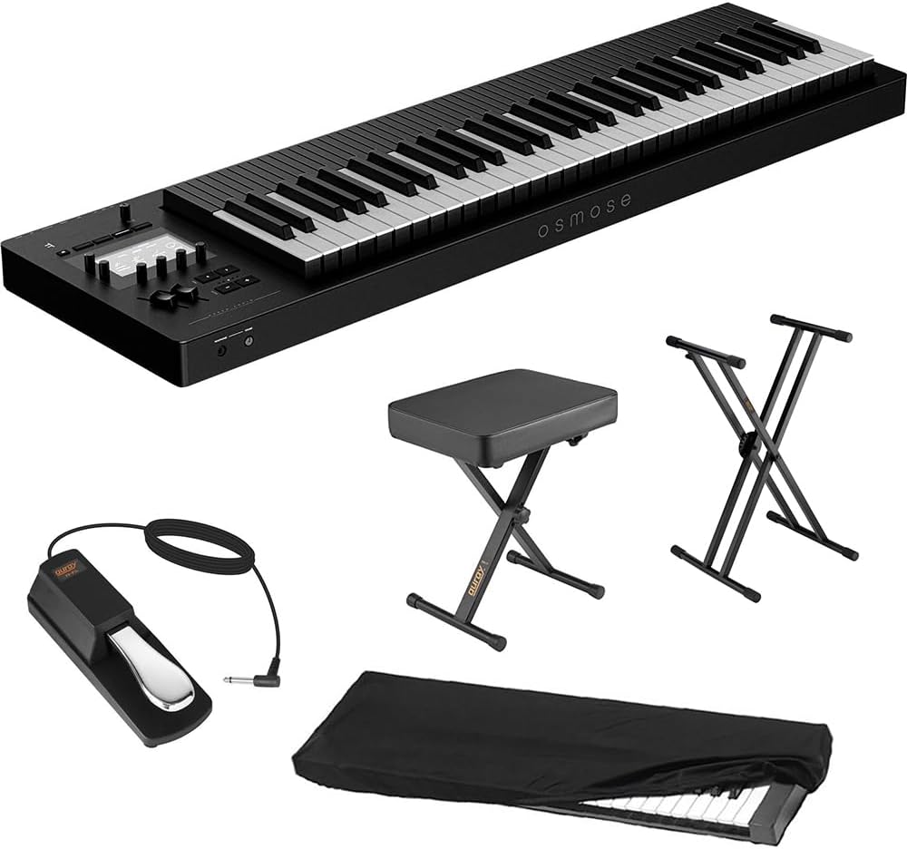 EXPRESSIVE E Osmose 61-Key Synthesizer and MPE Controller Bundle with Auray KSCL-2X Double-X Keyboard Stand, Auray PBS-17 X-Style Piano Bench, Auray FP-P1L Sustain Pedal and Kaces KKC-MD Dust Cover