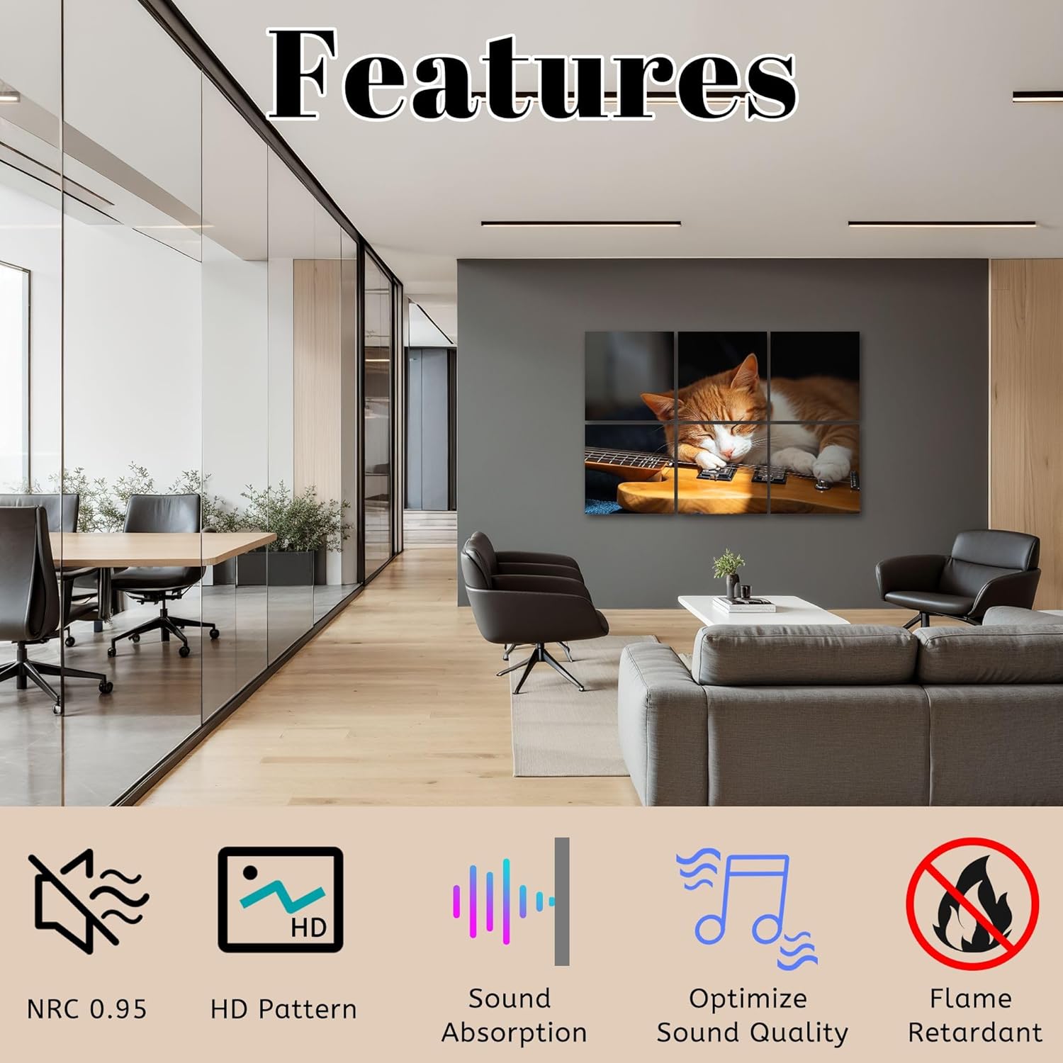 6 Panels Art Acoustic Panels Cute ginger cat lying cushion next to beautiful wooden bass guitar Soundproof Wall Panels Padding Decorative Sound Absorbing Panel 72