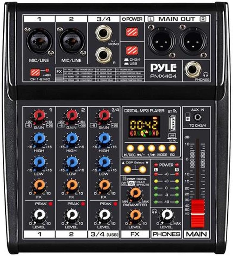 Pyle Professional DJ Audio Mixer Controller - 4-Channel DJ Controller Sound Mixer w/DSP 16 Preset Effects, USB Interface, 2 XLR Mic/Line Input, AUX, FX Processor MP3 Player, Headphone Jack PMX464
