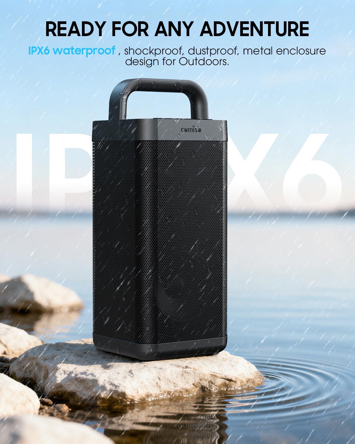 COMISO Portable Bluetooth Speaker with Deep Bass,150W Peak, IPX6 Waterproof Outdoor Speaker with 12H Playtime,Power Bank Function, Party Speaker with USB/AUX/Mic Inputs, Speakers for Home,Beach&Travel