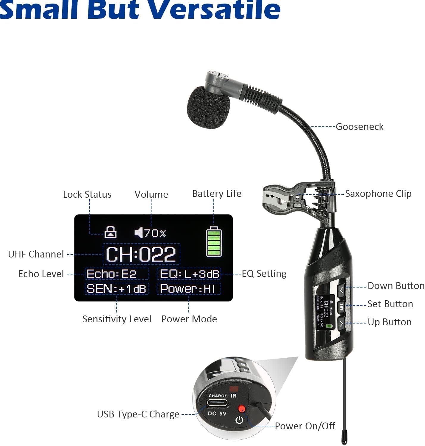 Wireless Saxophone Microphone System, Clip-On Instrument Microphone for Sax and Trumpet, Preset EQ & Echo Level 196 Ft Transmission Rechargeable Compact Transmitter and Receiver 4.5 Hours