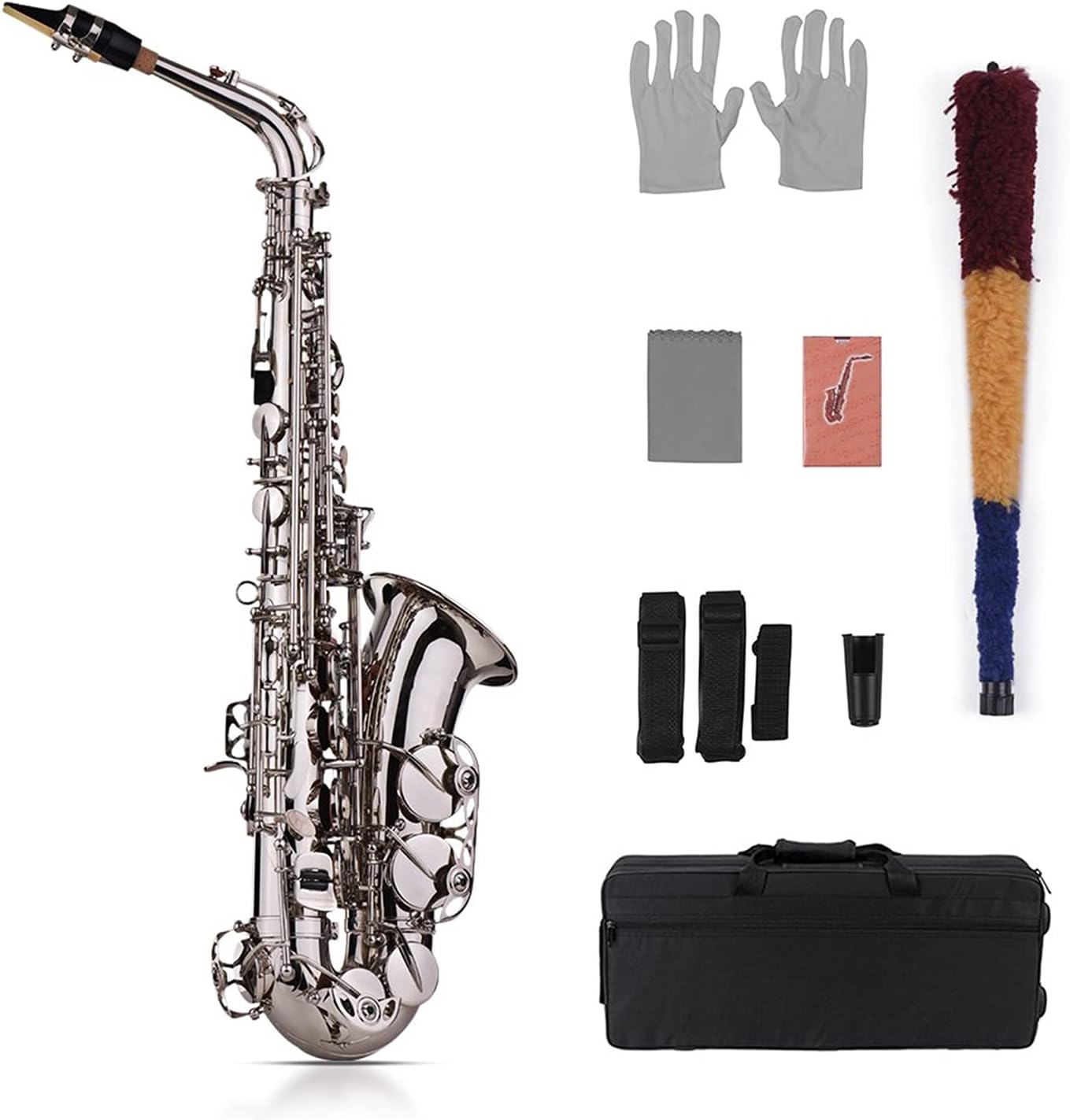 Sax Beginners Kit EB Alto Saxophone Sax Brass Lacquered Gold 802 Key Type Woodwind Instrument with Padded Carry Case Gloves Wind Instrument (Color : Silver)
