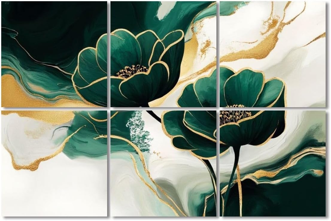 6 Pack Art Acoustic Panels Sound Absorbing Emerald Green Modern Gold Abstract Marble Accents Flowing Lines Decorative Soundproof Wall Panels Self Adhesive for Recording Studios Office 72