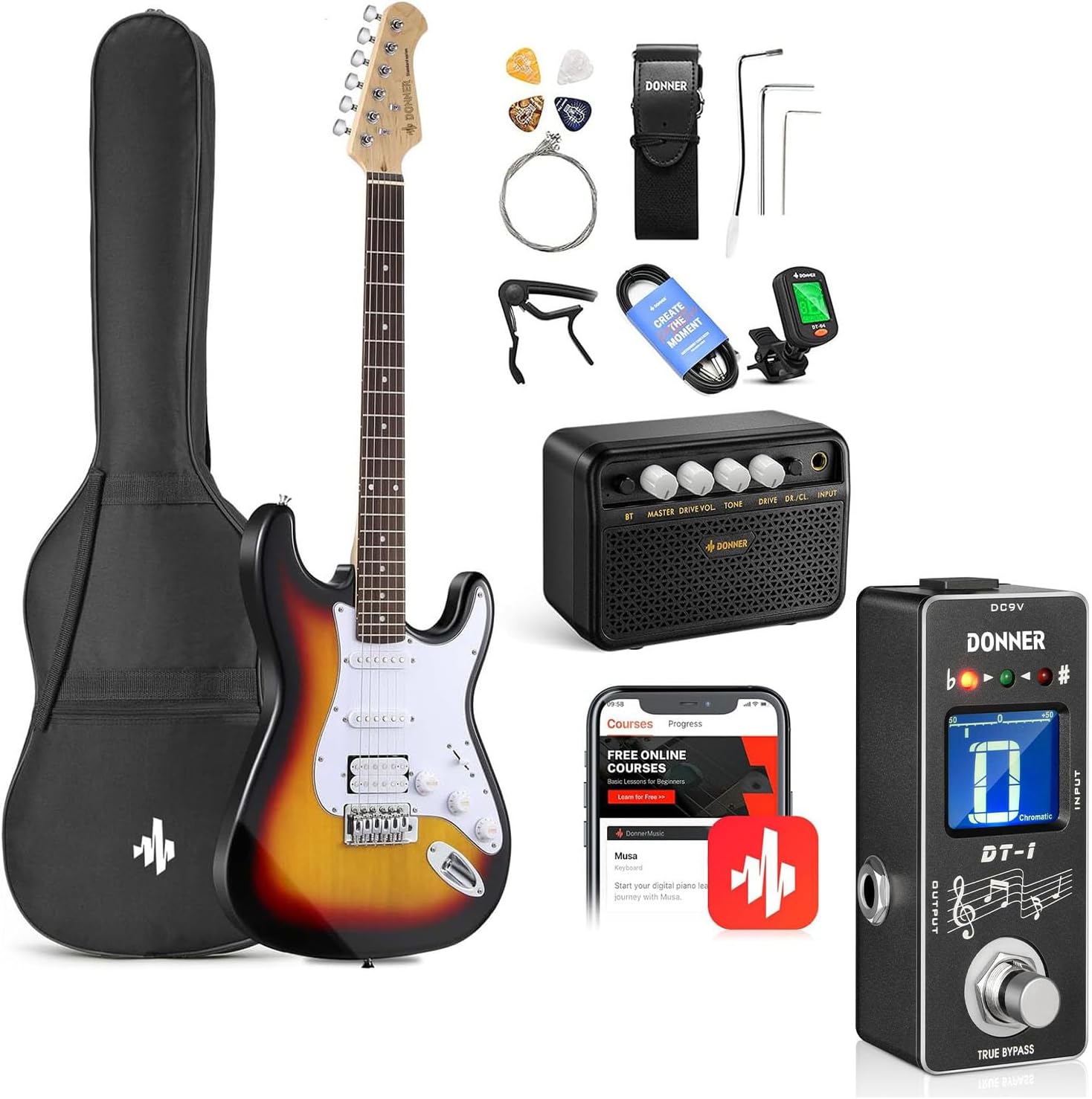Donner DST-100S 39 Inch Full Size Electric Guitar Kit -Tuner Pedal