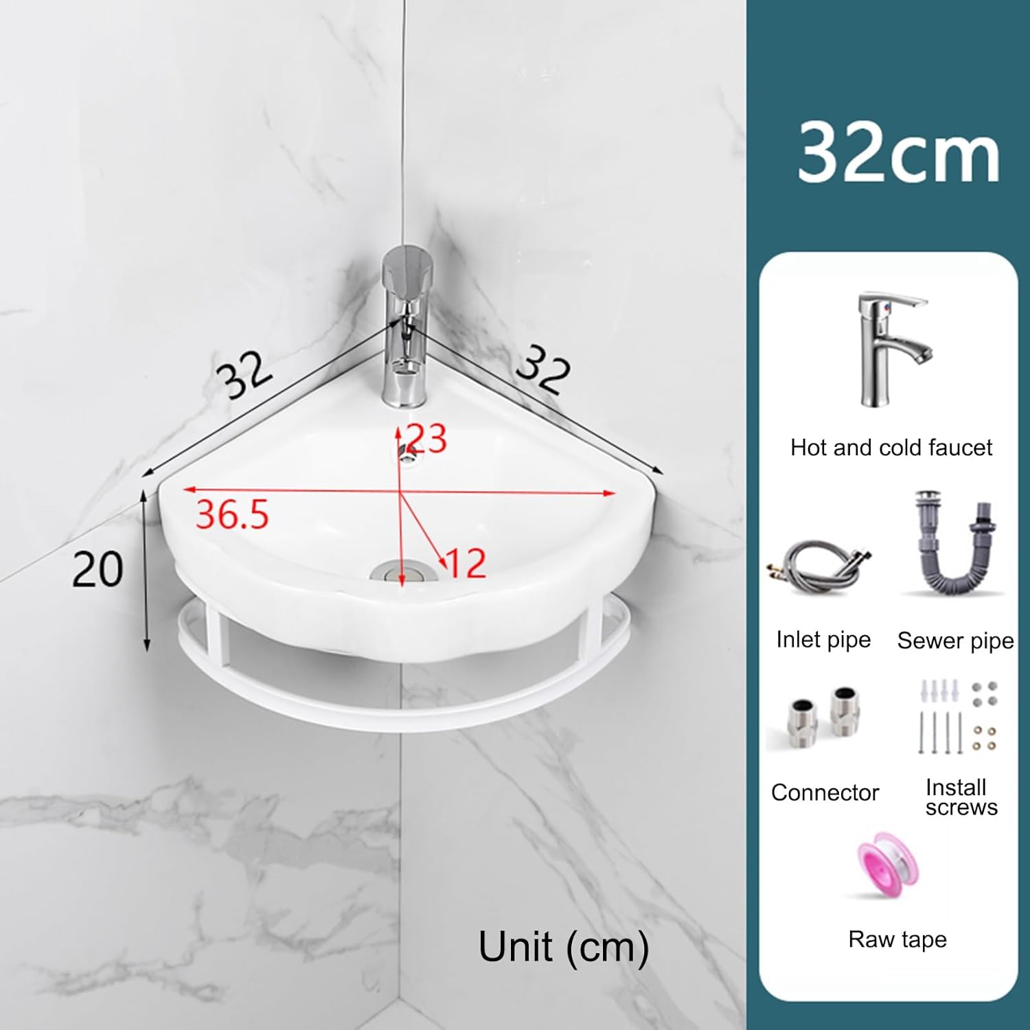 Wall Mount Corner Bathroom Sink, for Small Spaces, Ceramic Basin with Faucet Hole and Overflow, Mini Vanity Vessel Sink, Easy to Maintain and Install (White 32CM)