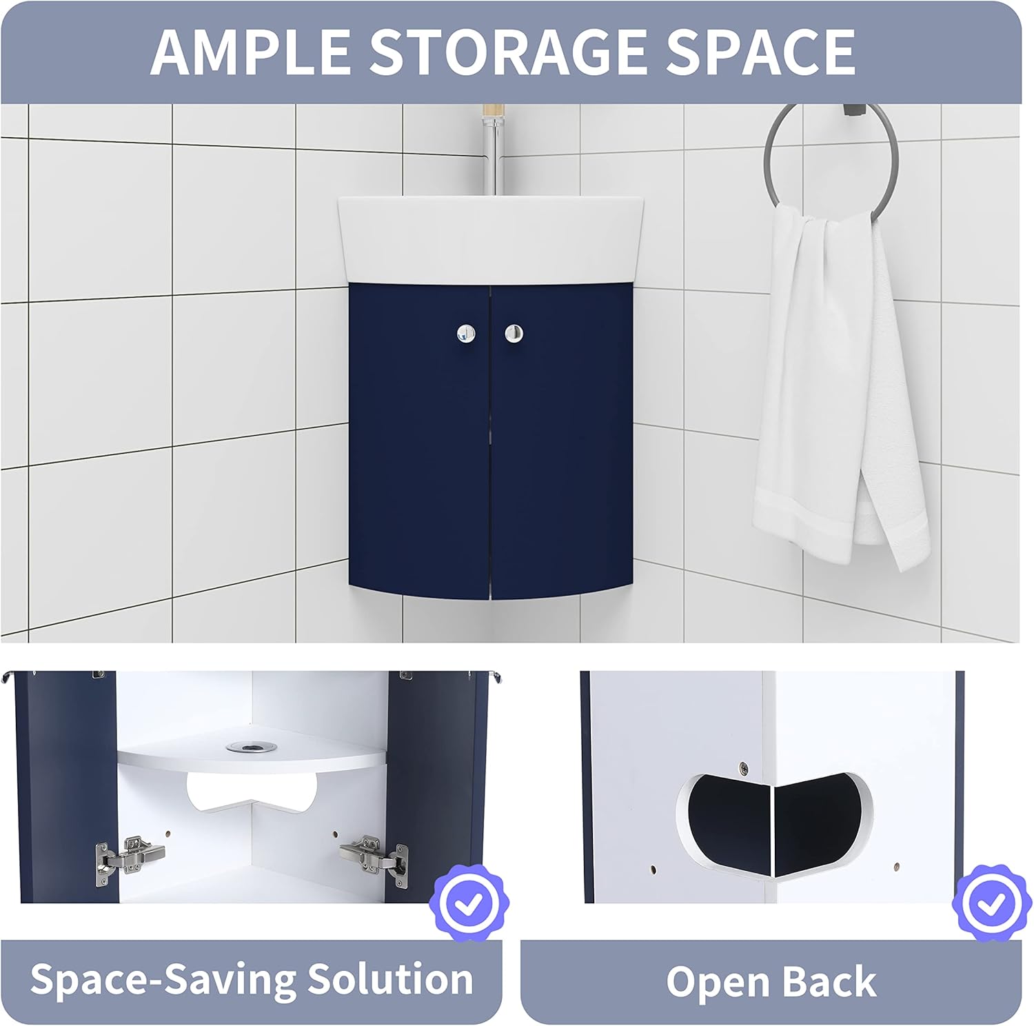 Corner Wall-Mount Vanity with White Ceramic Integrated Sink, Non-Adjustable Shelf, Soft Closing Metal Hinges, Scratch & Water-Resistant Melamine - 12.8